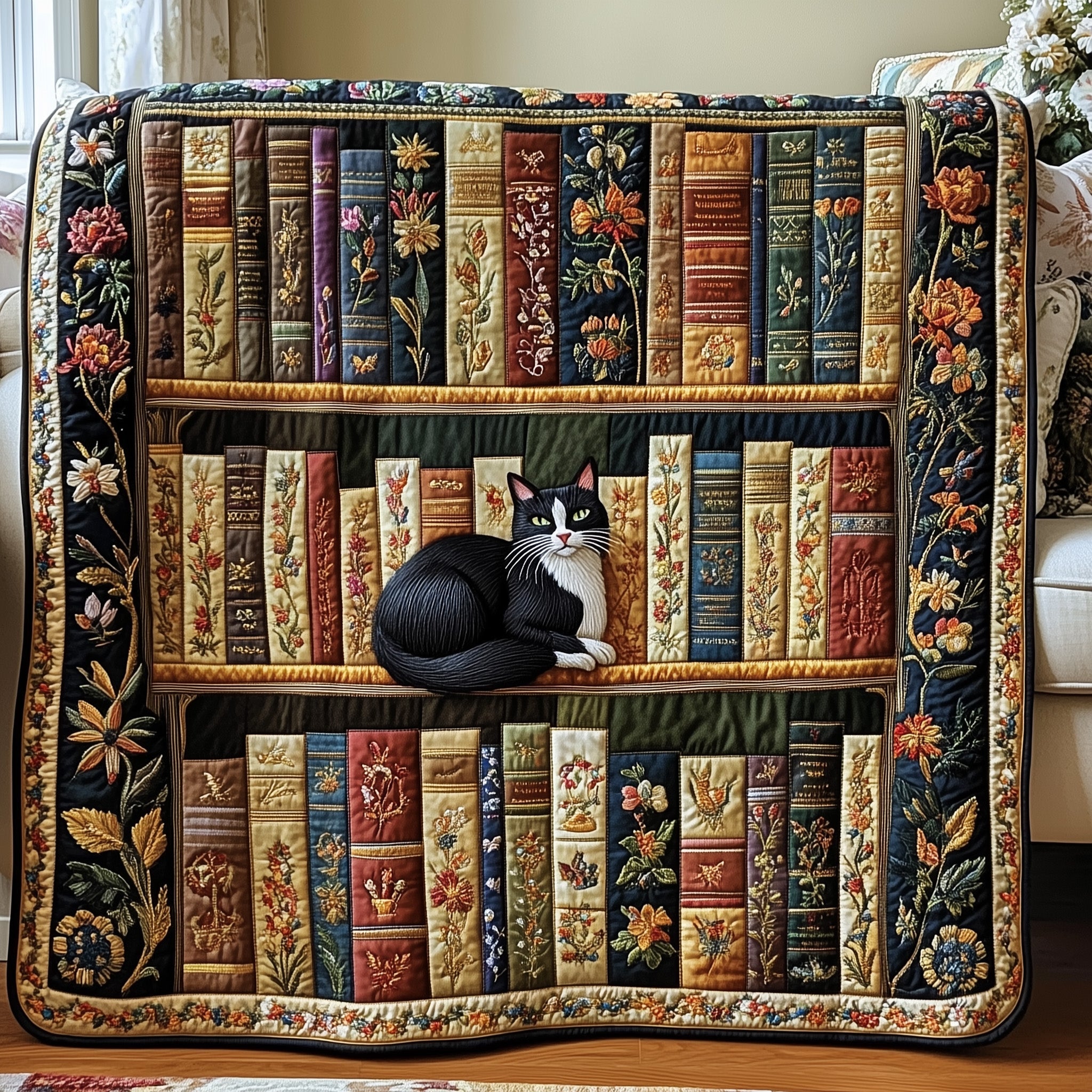 Purrfectly Bookish Quilted Blanket Merchandise Throw BlanketCat Lovers Shop