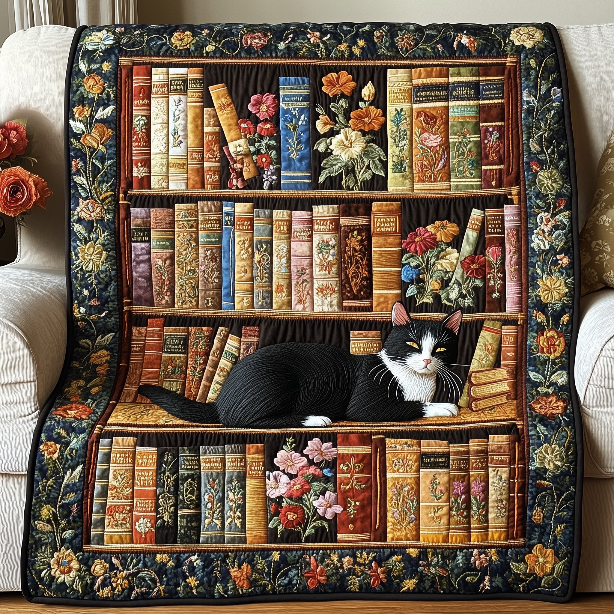 Purrfectly Bookish Quilted Blanket Merchandise Throw BlanketCat Themed Accessories Gift Items