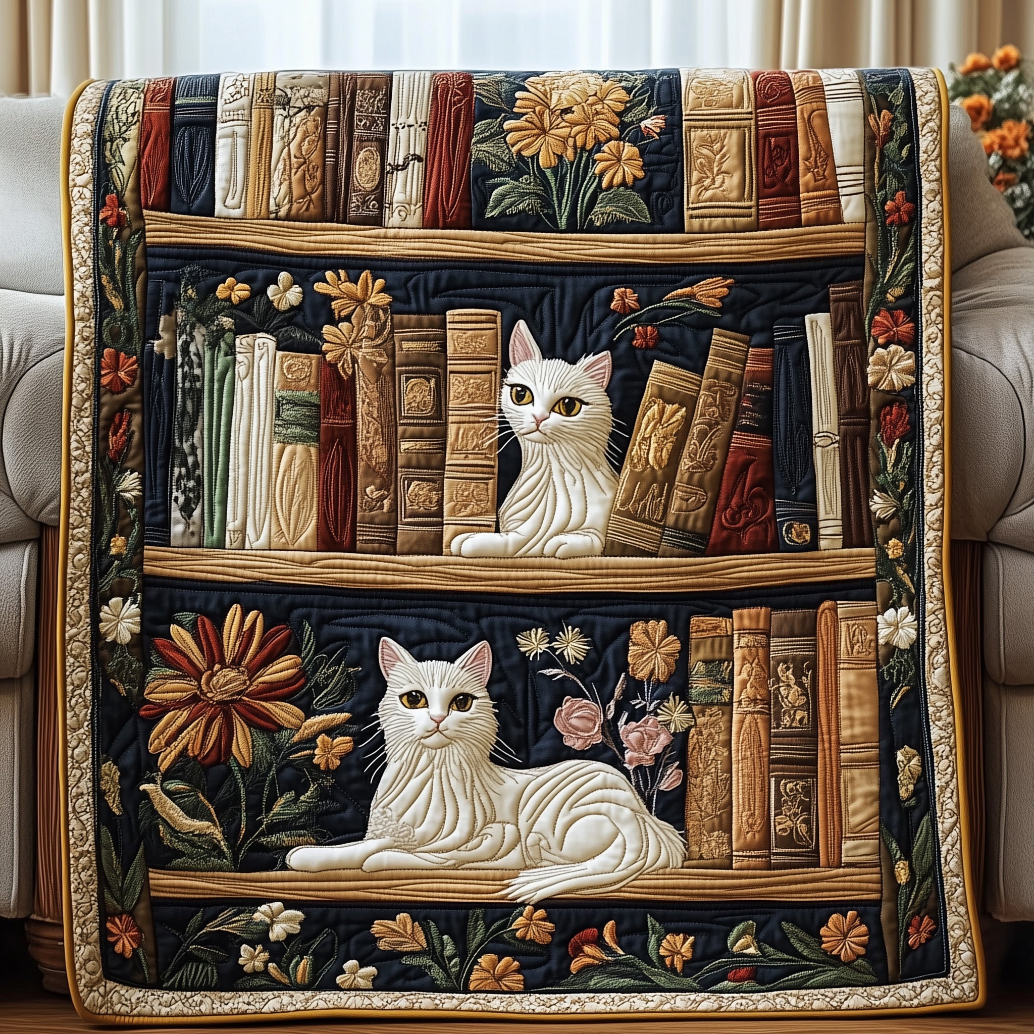 Purrfectly Bookish Quilted Blanket Merchandise Throw BlanketCat Themed Items