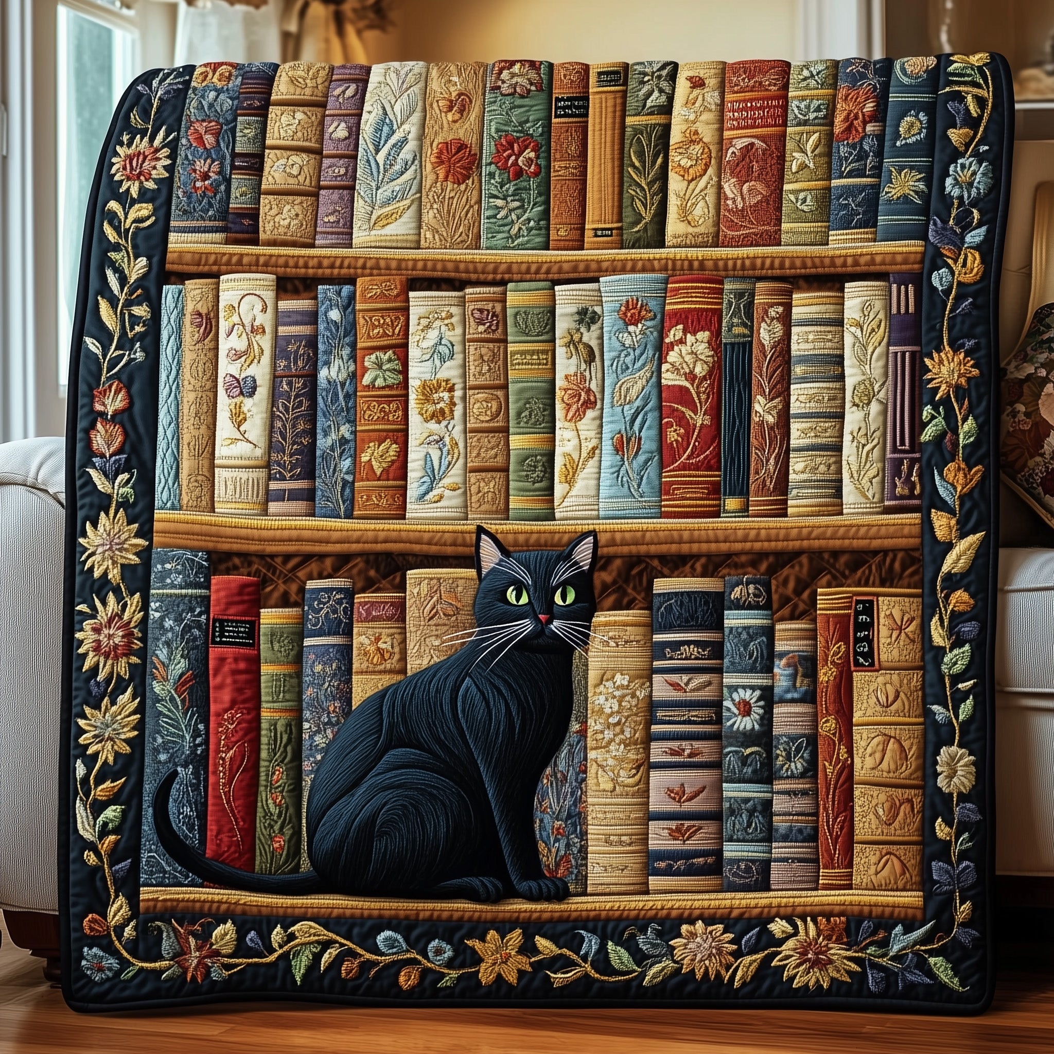 Purrfectly Bookish Quilted Blanket Merchandise Throw BlanketCute Pet Gifts For Cat Owners