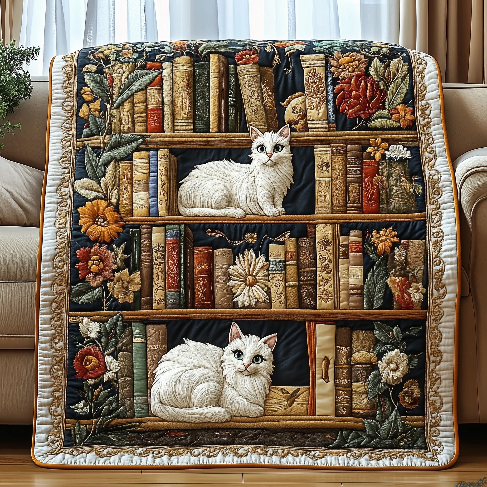 Purrfectly Bookish Quilted Blanket Merchandise Throw BlanketGift For Cat Lover Man