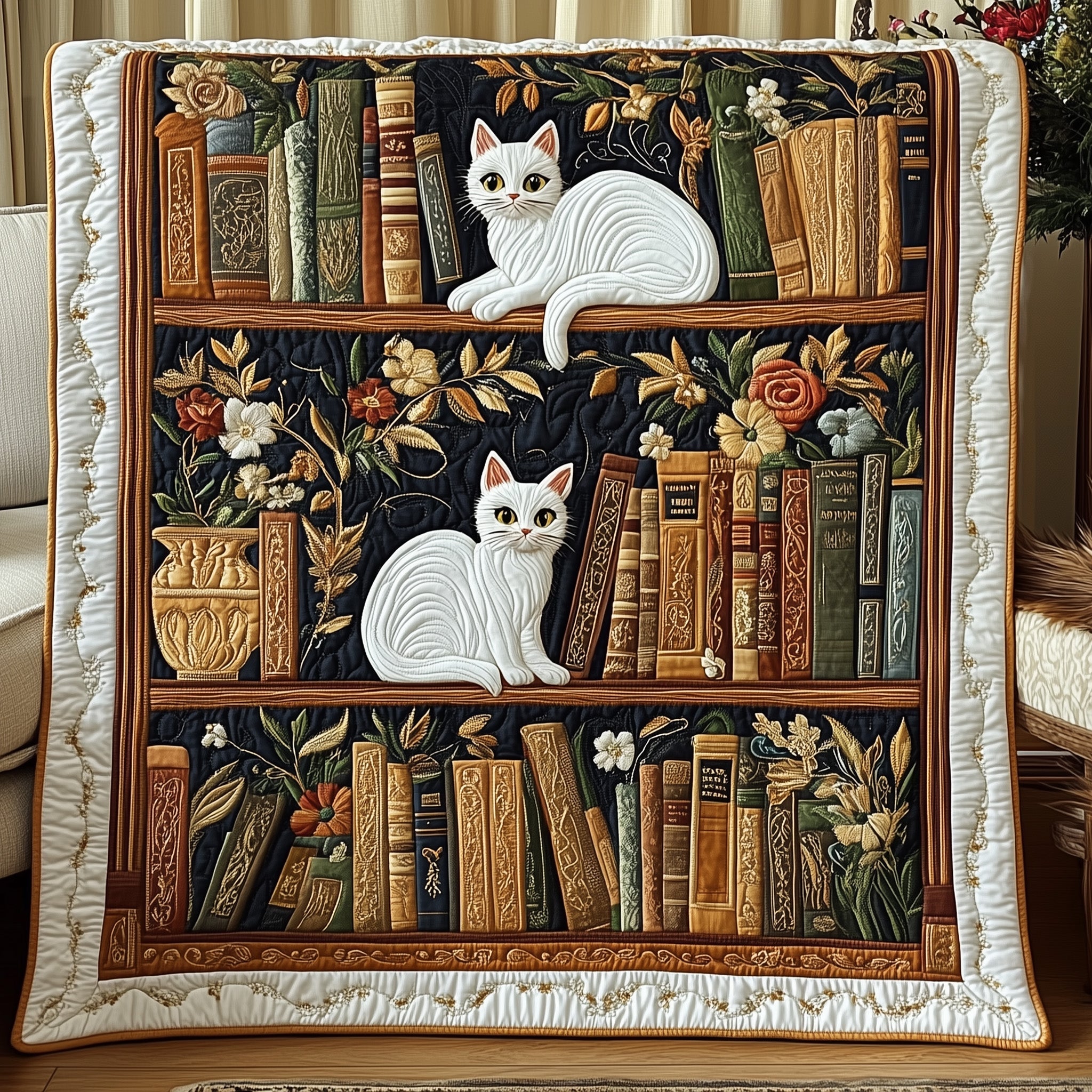 Purrfectly Bookish Quilted Blanket Merchandise Throw BlanketGifts For Black Cat Lovers