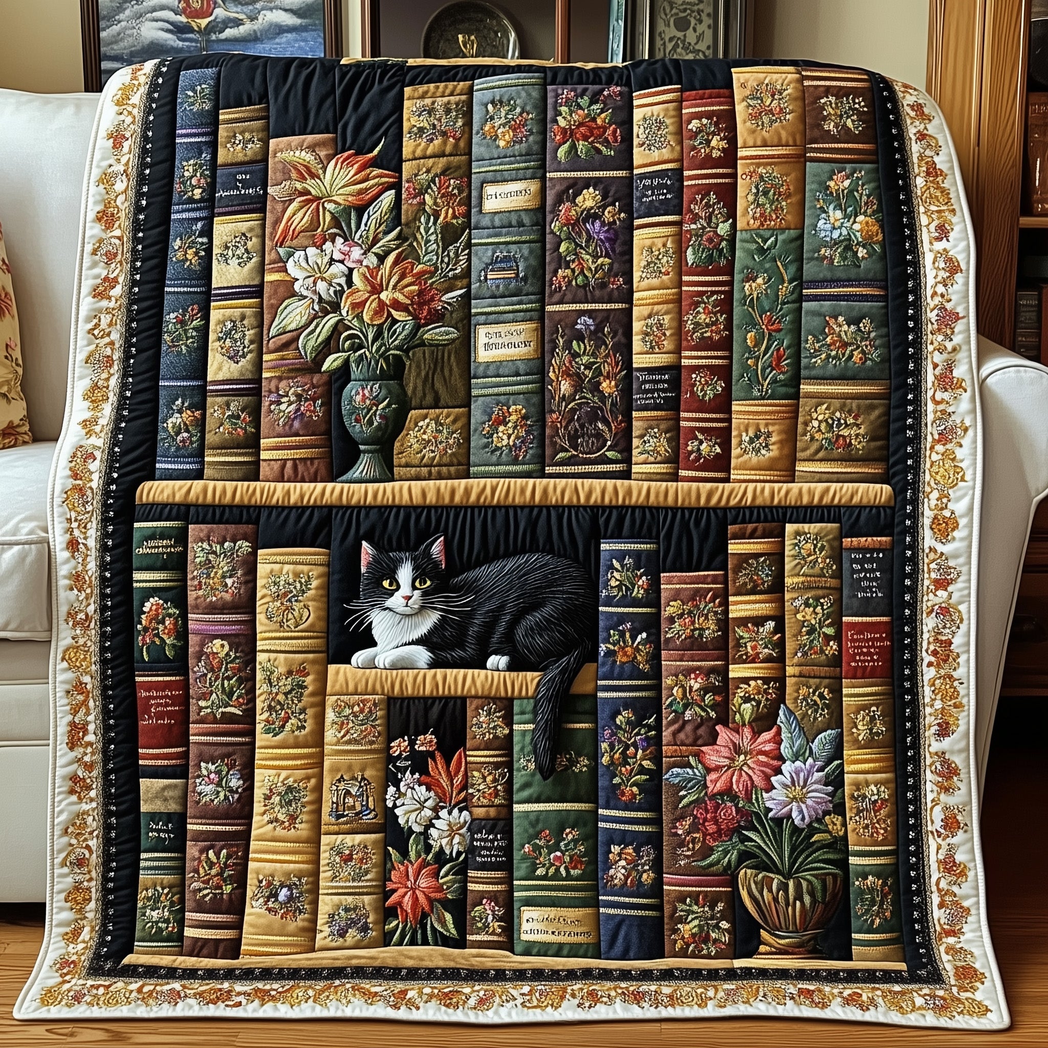 Purrfectly Bookish Quilted Blanket Merchandise Throw BlanketGifts For Cat Lovers
