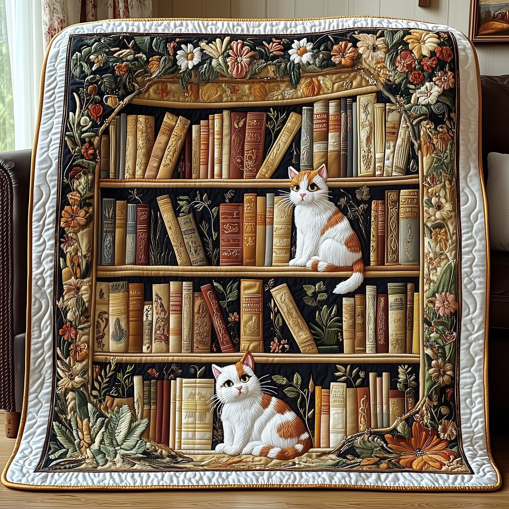 Purrfectly Bookish Quilted Blanket Merchandise Throw BlanketGifts For Cat Parents