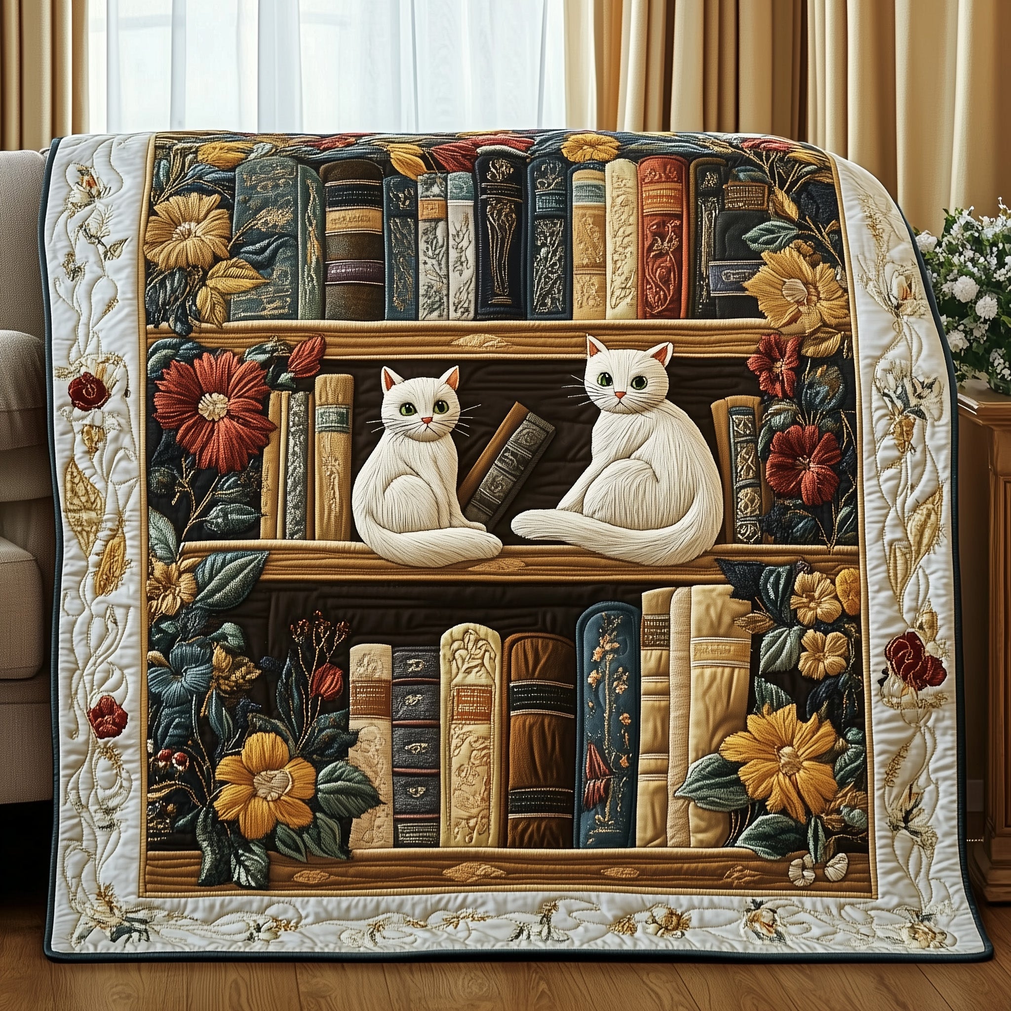 Purrfectly Bookish Quilted Blanket Merchandise Throw BlanketGifts For Men Who Love Cats