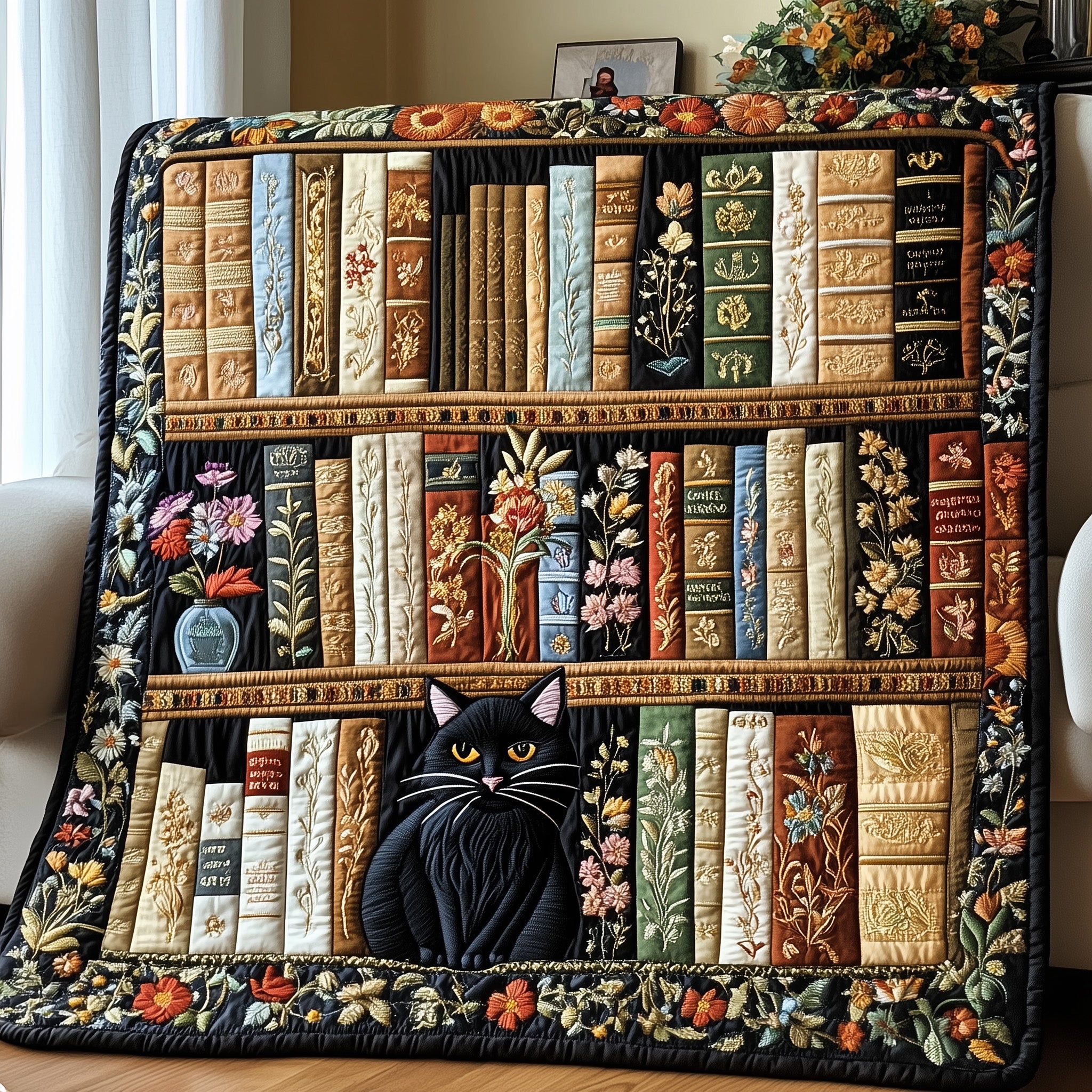 Purrfectly Bookish Quilted Blanket Merchandise Throw BlanketGreat Cat Lover Gifts