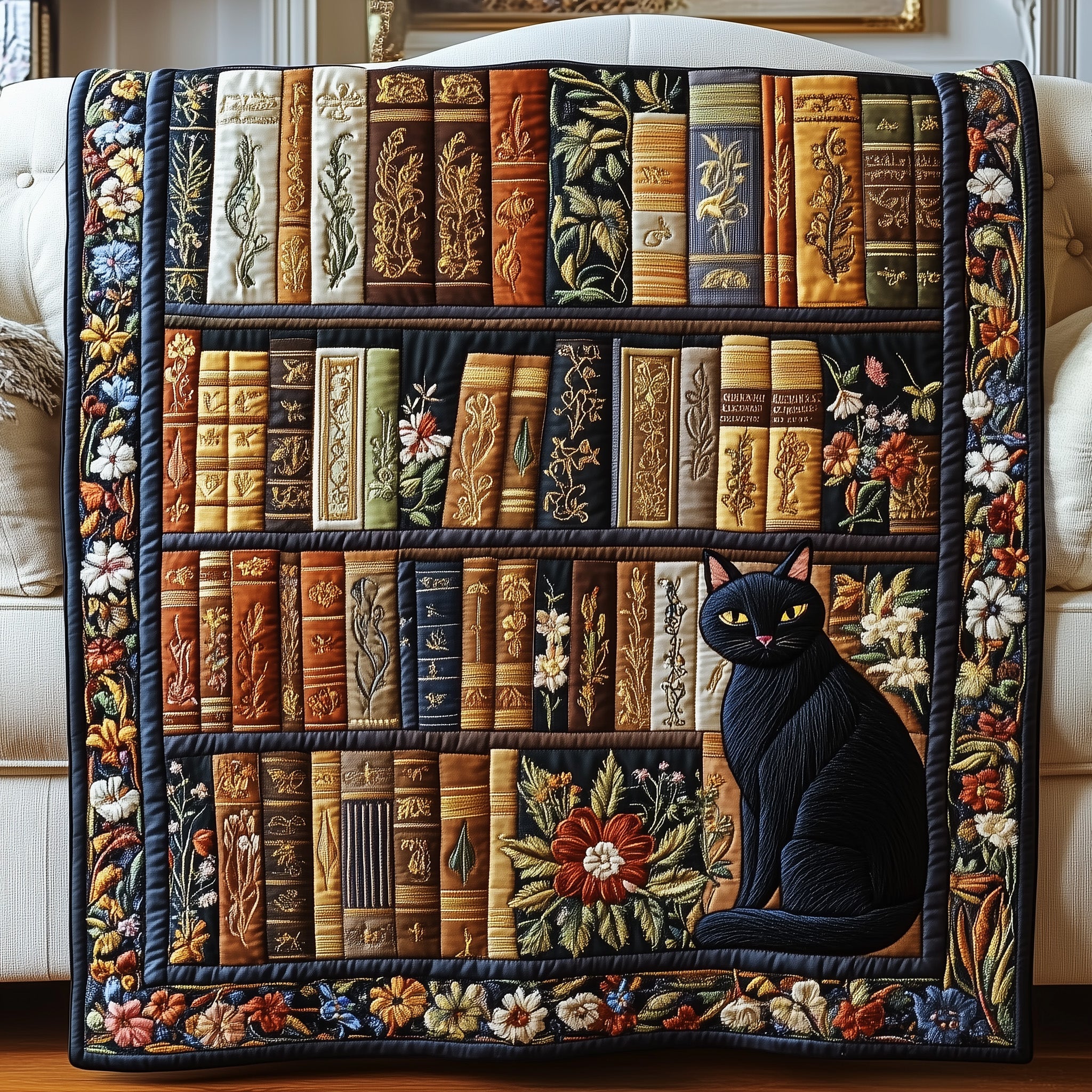 Purrfectly Bookish Quilted Blanket Merchandise Throw BlanketNovelty Cat Gifts
