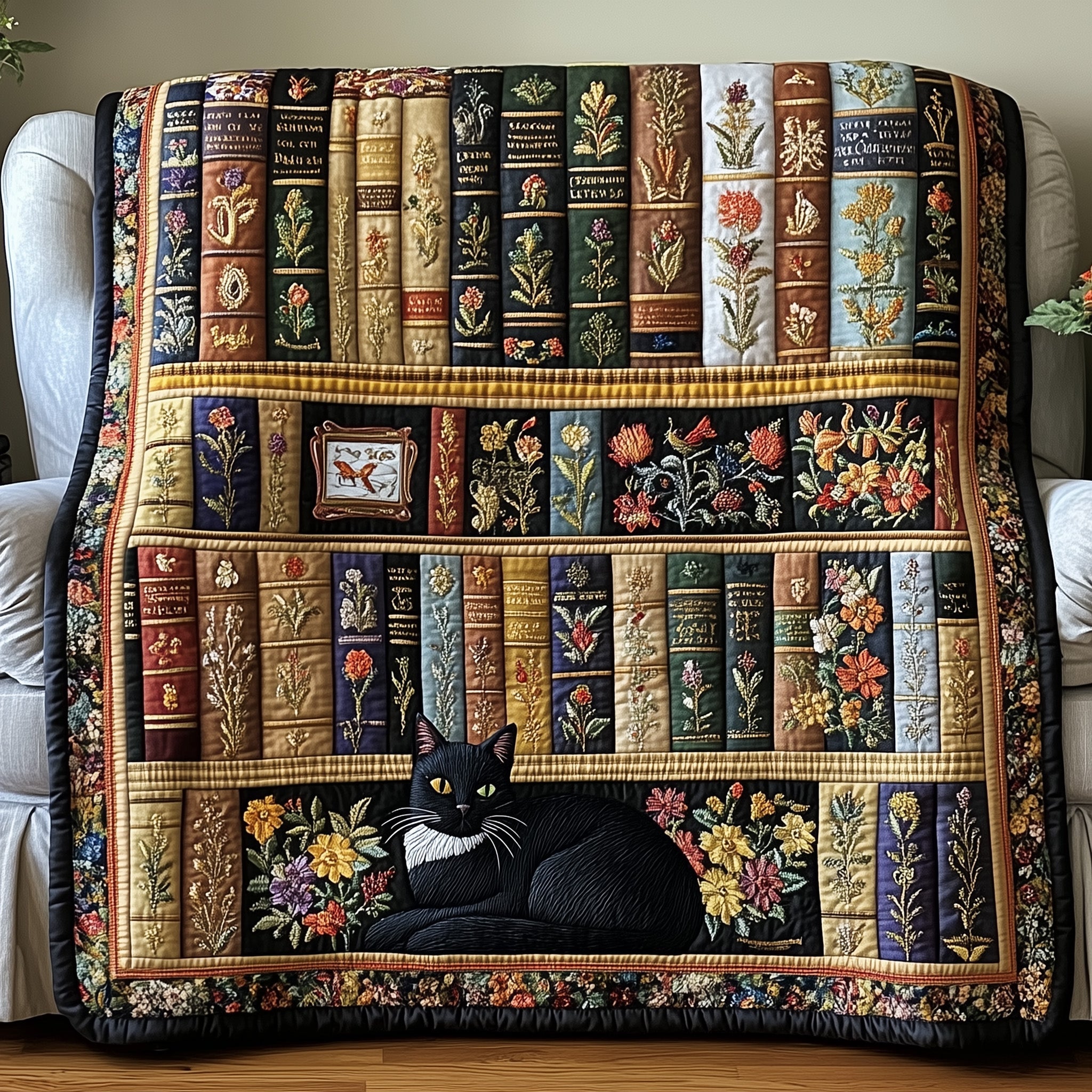 Purrfectly Bookish Quilted Blanket Merchandise Throw BlanketNovelty Cat Presents