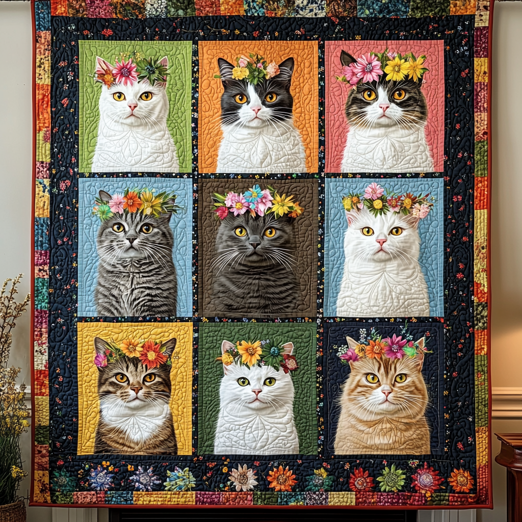 Purrfectly Floral Cats Quilted Blanket Novelty Gifts For Cat Lovers