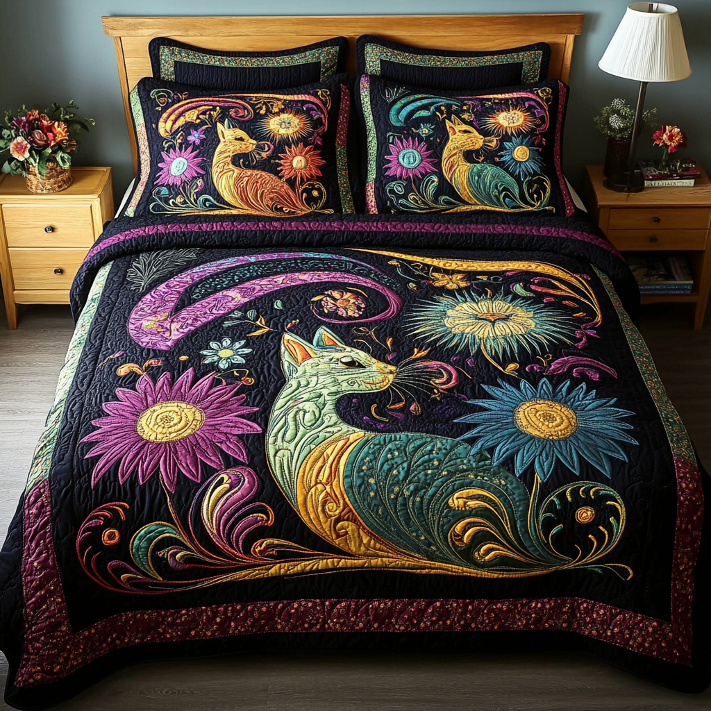 Purring Grace Quilted Bedding Set Cool Bedroom Decor Kitty Christmas Gifts