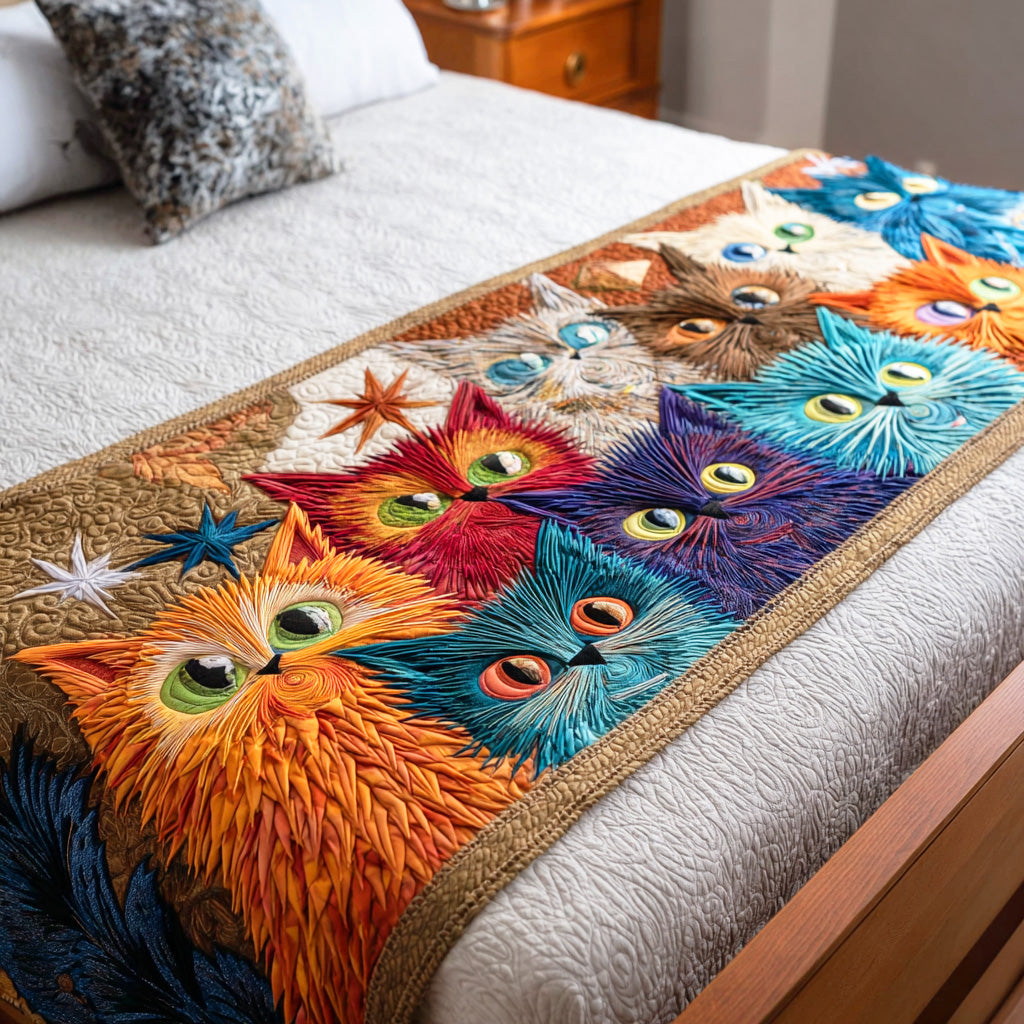 Purring Meadow Quilted Bed Runner Cute Bedroom Decor Gift Idea For Cat Owner