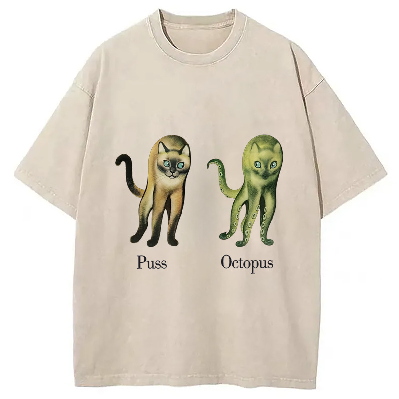 Puss Or Octopus Washed T-Shirt Cool Graphic Tee For Men Women Gifts For Friends