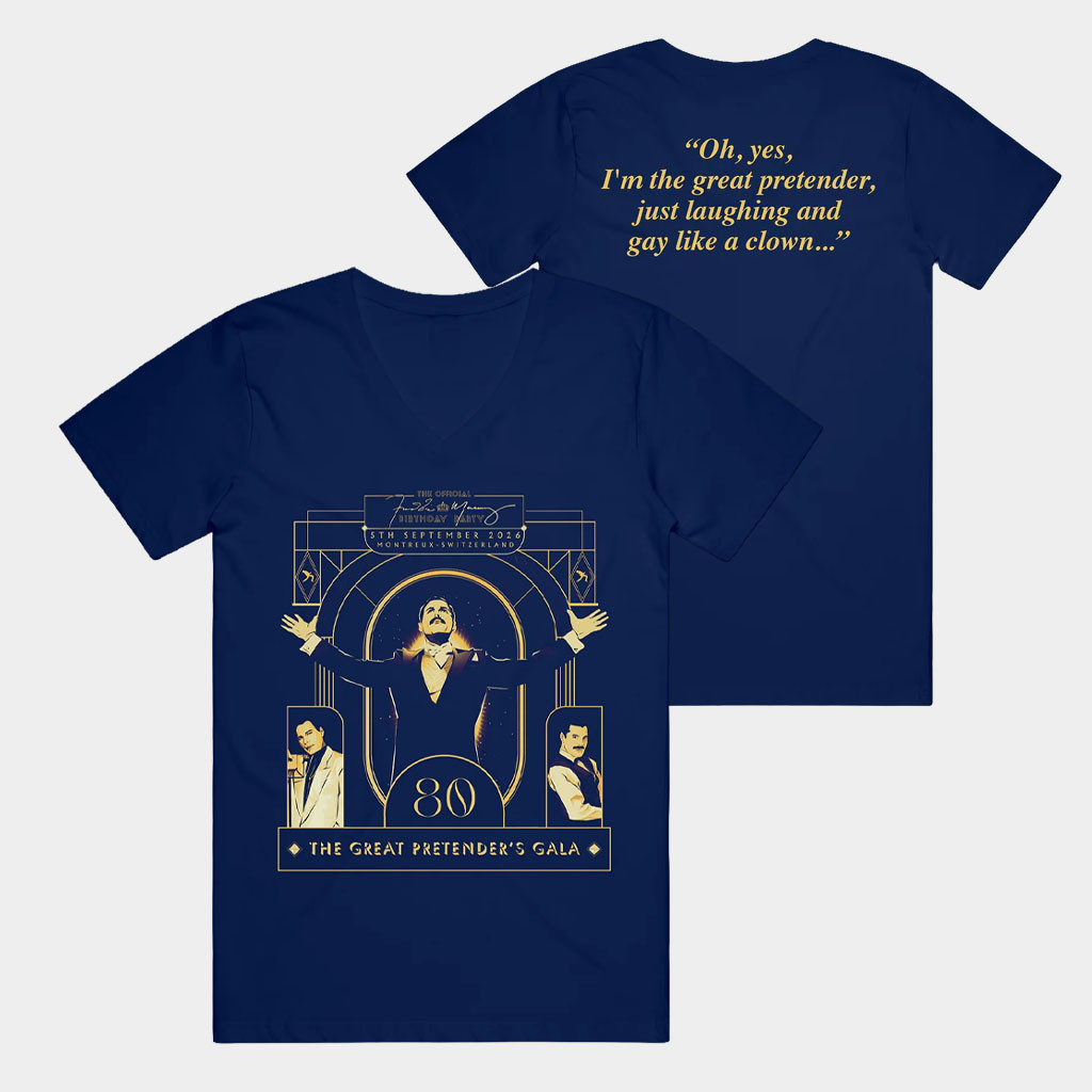 Queen Merch Freddie Mercury 2026 Birthday Party Event V-Neck T-Shirt The Great Pretender's Gala