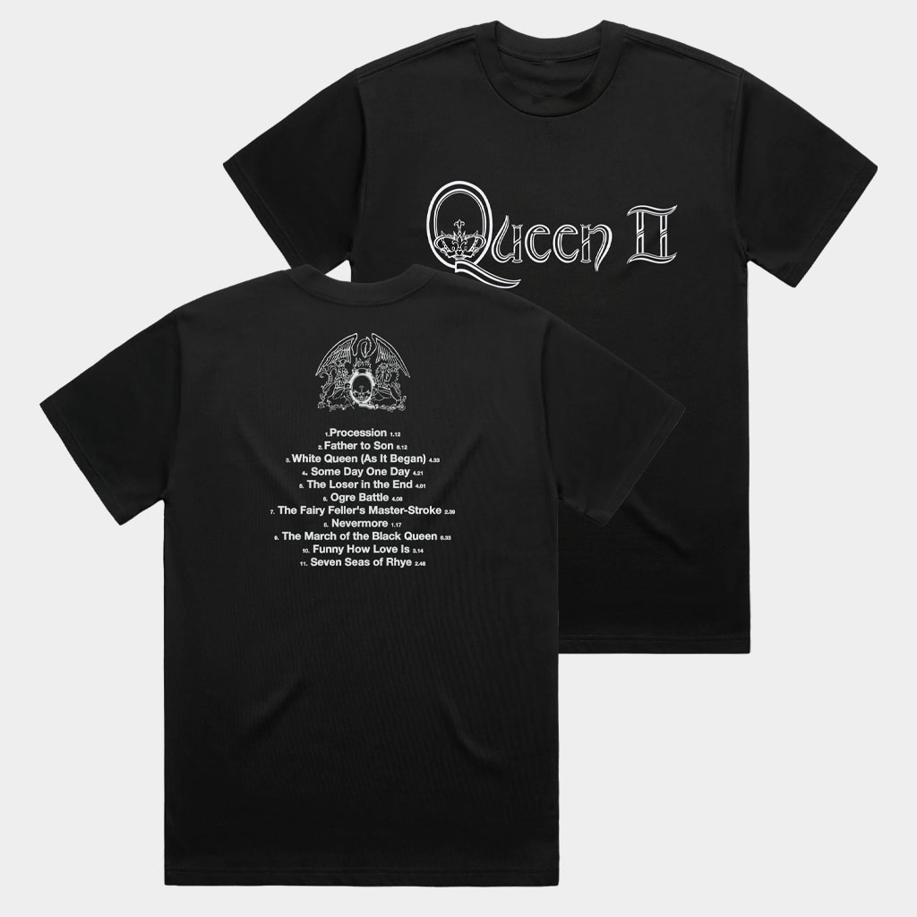 Queen Online Merch 2026 Queen Ii Album Logo Tracklist Black T-Shirt Present For Him Queen Online Merch 2026 Queen Ii Album Logo Tracklist Black T-Shirt Present For Him