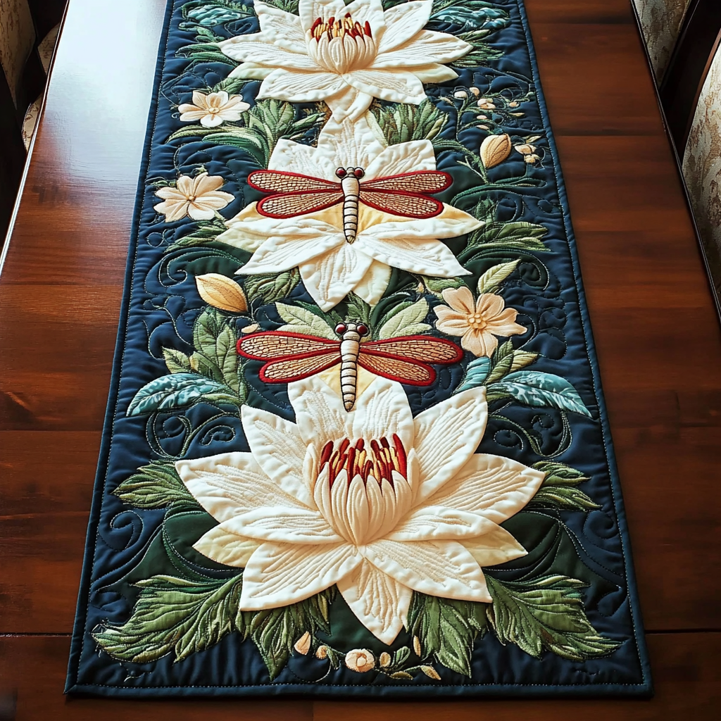 Quiet Bloom Quilted Table Runner Dining Table Decor Dragonfly Gift Ideas