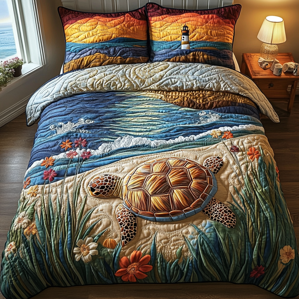 Quiet Currents Quilted Bedding Set Bed Decor Sea Turtle Themed Gifts