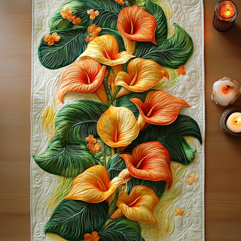 Quiet Grace Quilted Table Runner Dining Room Table Decor Flower Lily Blossom Gifts