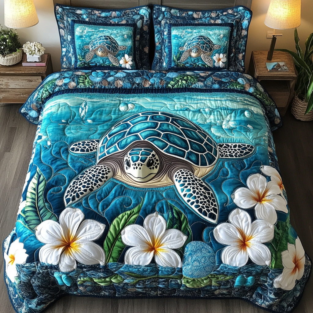Quiet Turtle Quilted Bedding Set Cute Bedroom Decor Gift Ideas For Sea Turtle Lovers