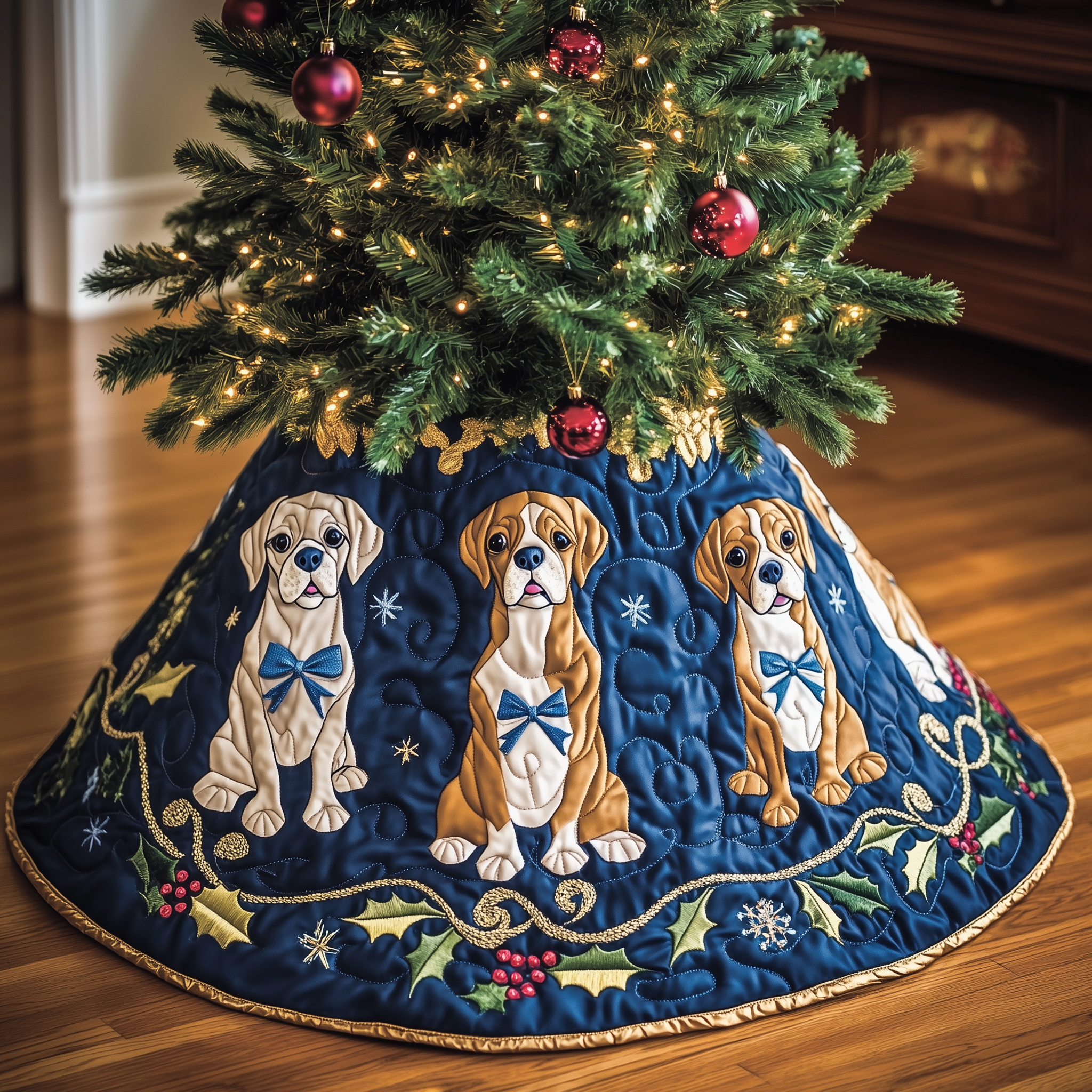 Quilted Bulldog Christmas Tree Skirt Cozy Handmade Dog Gift for Holiday Home Decor