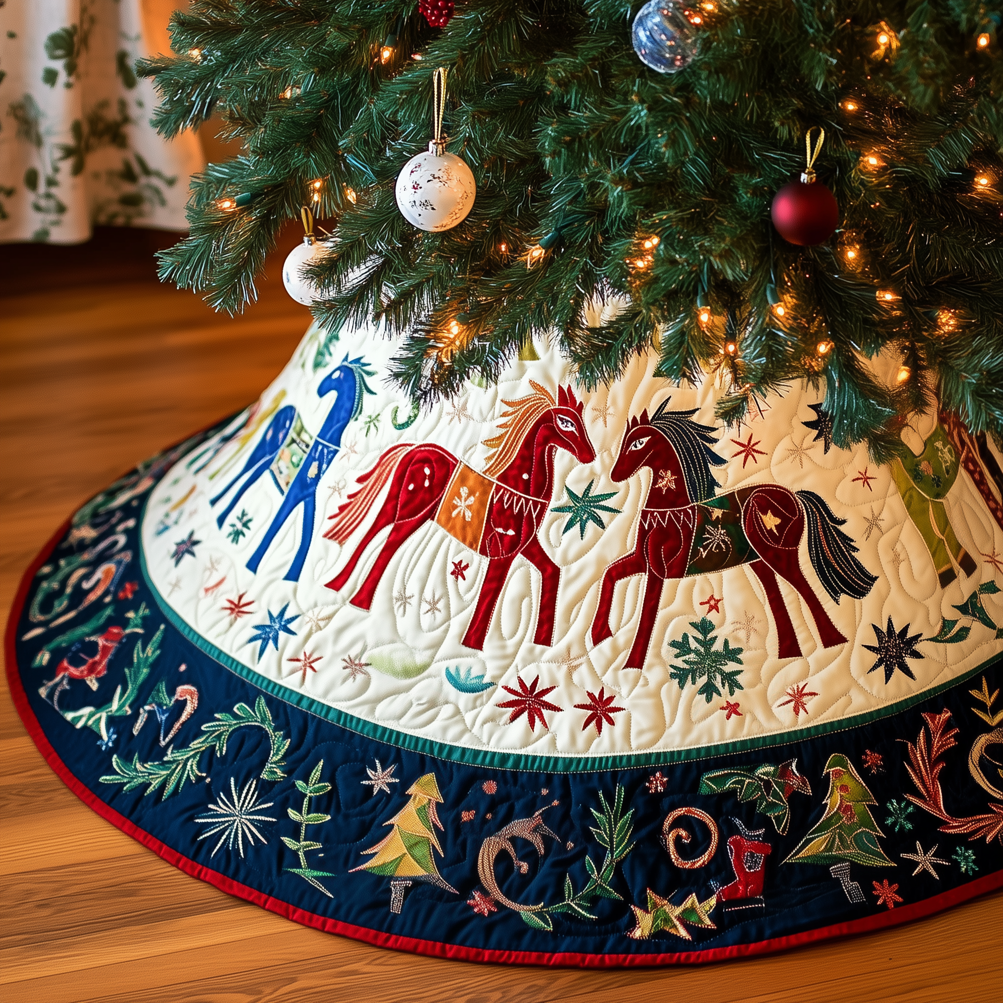 Quilted Elegant Horse Modern Tree Skirt Handmade Holiday Gift for Festive Family Decor