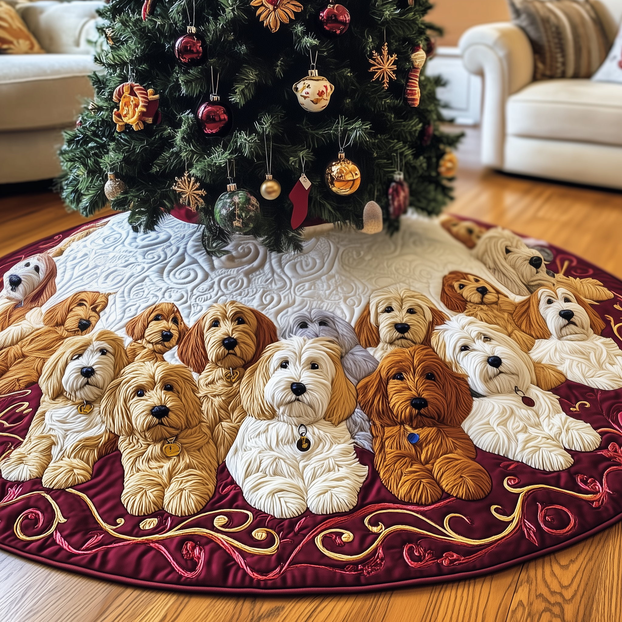 Quilted Golden Retriever Christmas Tree Skirt Handmade Holiday Decoration Gift for Pet Owners
