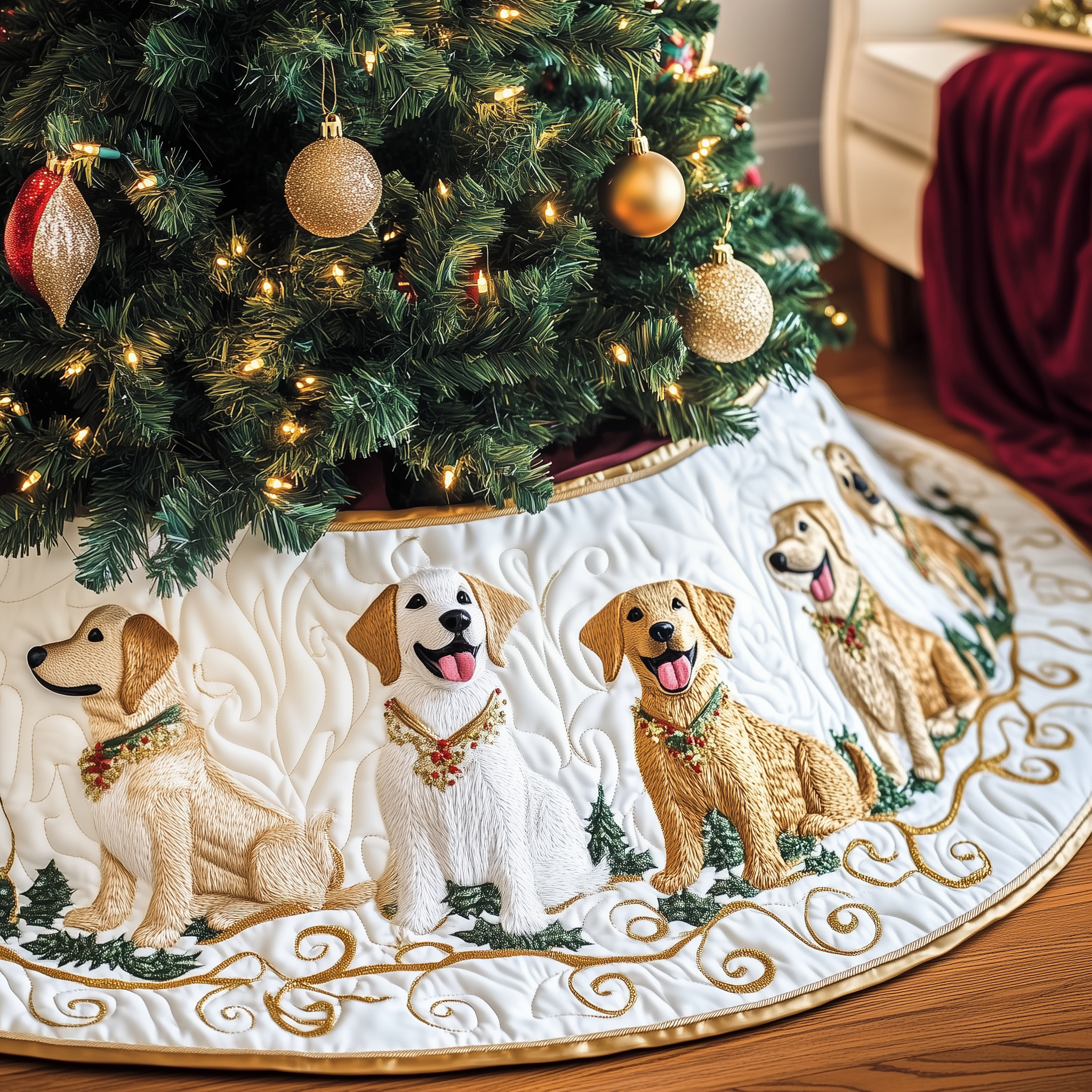 Quilted Golden Retriever Christmas Tree Skirt Handmade Holiday Gift for Dog Lovers and Family