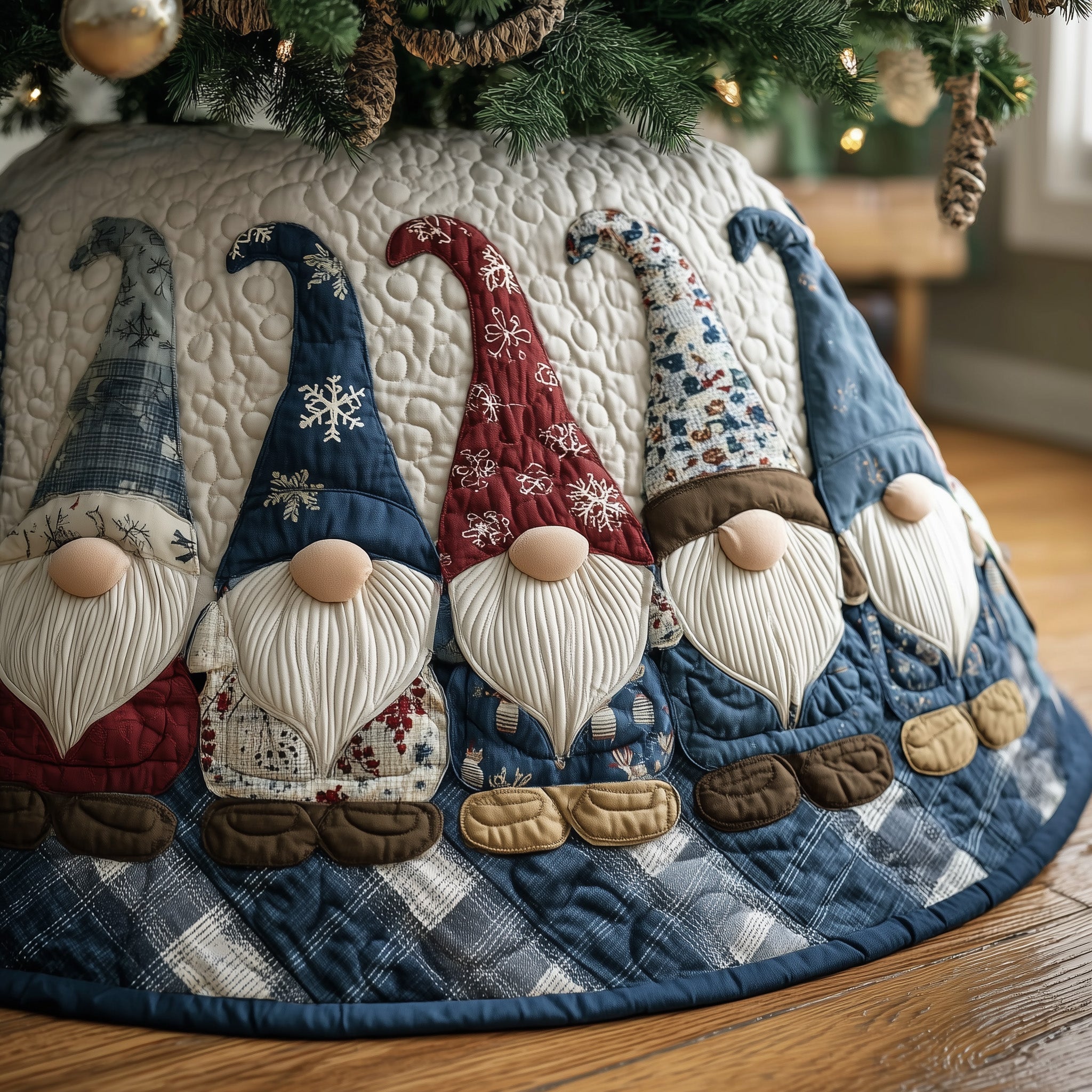 Quilted Nordic Gnome Modern Tree Skirt Handmade Holiday Gift for Home Decoration
