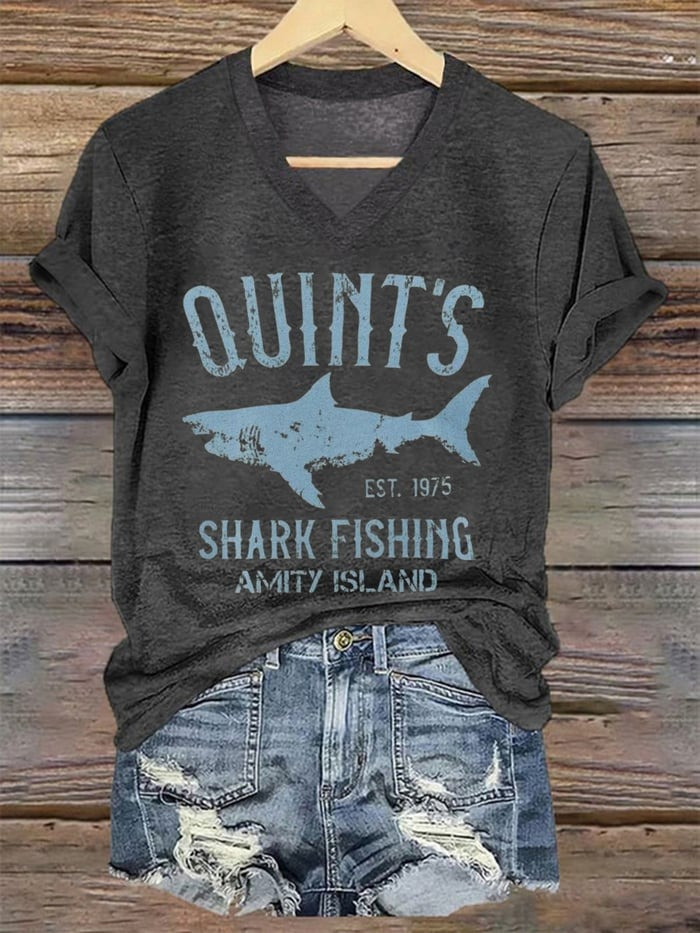 Quint's Shark Fishing Amity Island 1975 Women's V-Neck Shirt Gifts For Wife