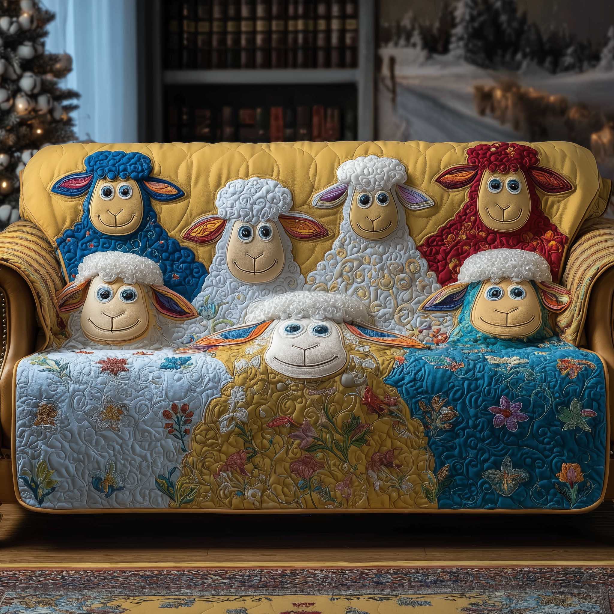 Quirky Pasture Quilted Sofa Cover Abstract Farm Animal Field Sheep Related Presents