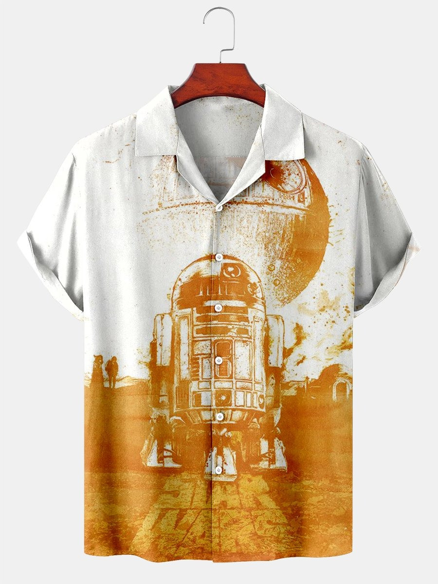 R2-D2 Star Wars Hawaiian Shirt Men's Retro Planet Cuban Collar Short Sleeve Shirt