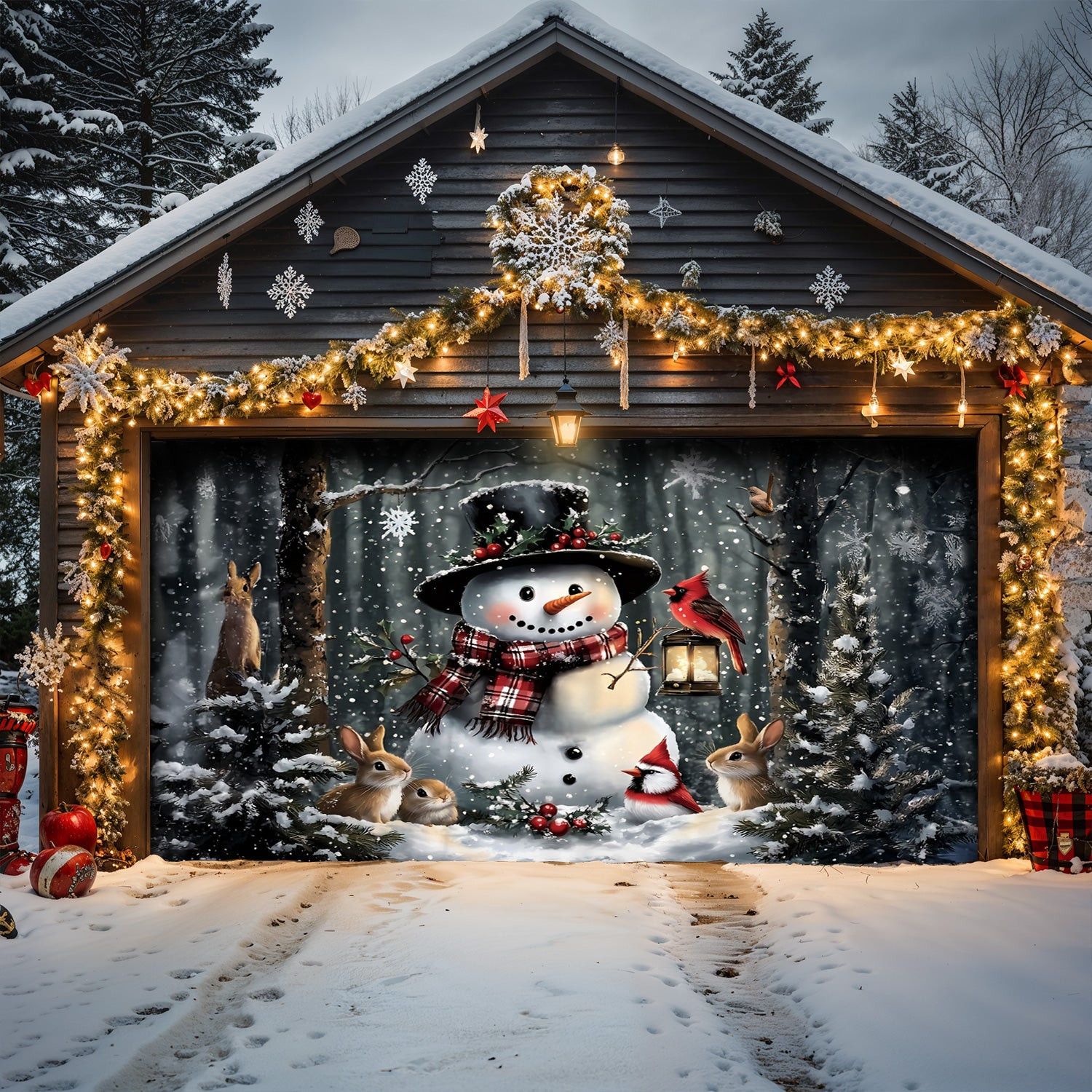 Rabbit And Snowman Christmas Garage Door Banner Winter Decor Christmas Decorations For Garage