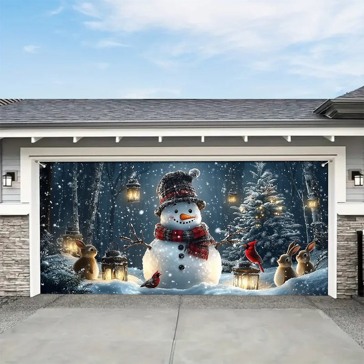 Rabbit Cardinals Snowman In Forest Christmas Garage Door Cover Decor Gifts For Animal Lovers
