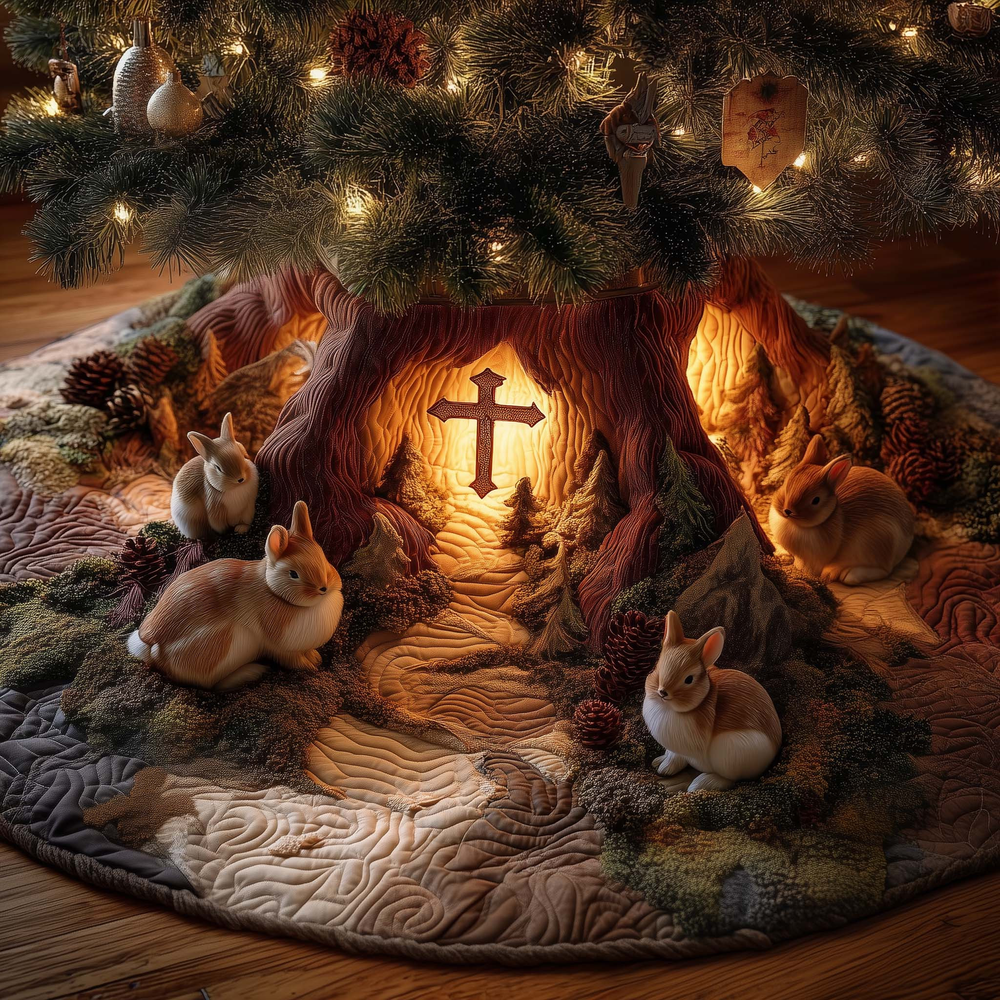 Rabbit Holy Cross Quilted Tree Skirt Animal Themed Christmas Gifts For Rabbit Lover