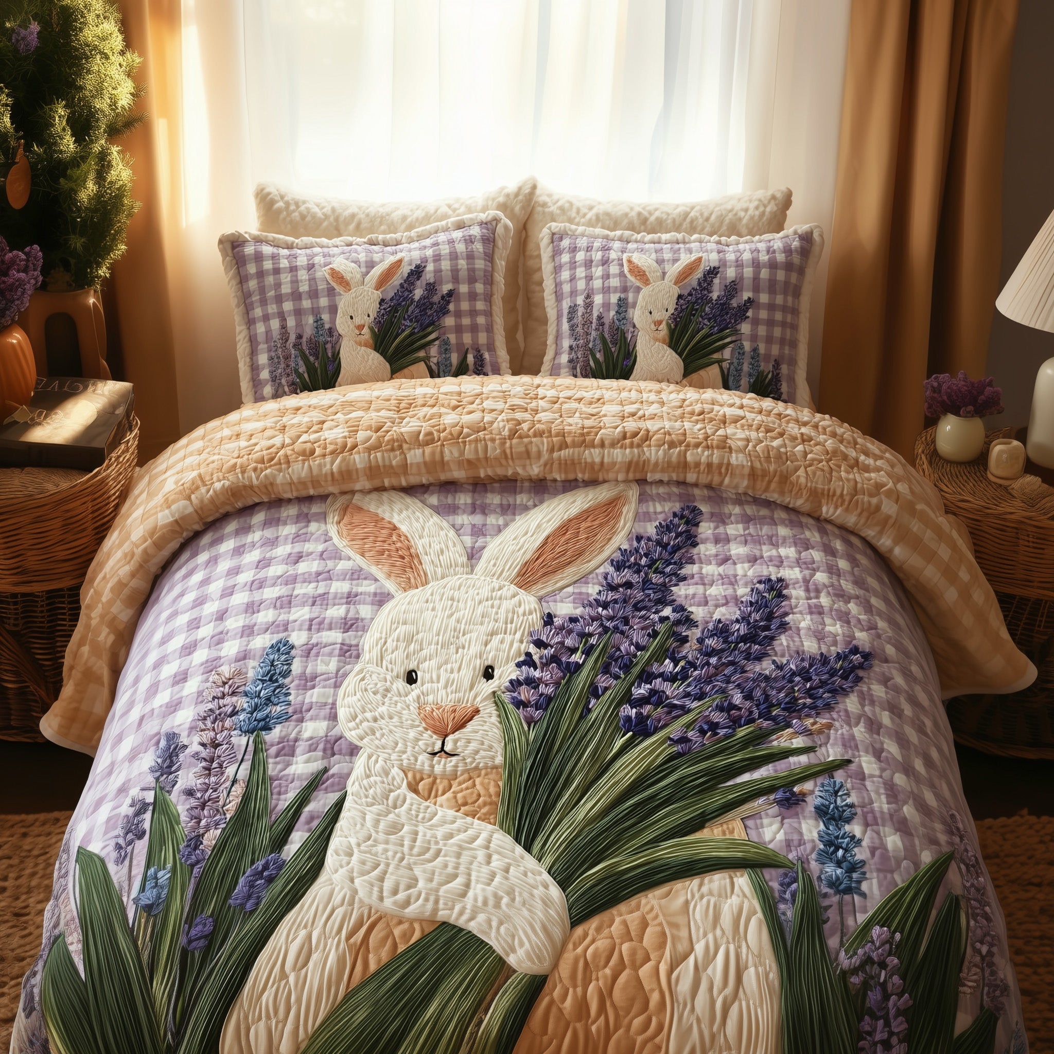 Rabbit Quilted Bedding Set Duvet Cover Bedspread Best Gifts For Bunny Owners