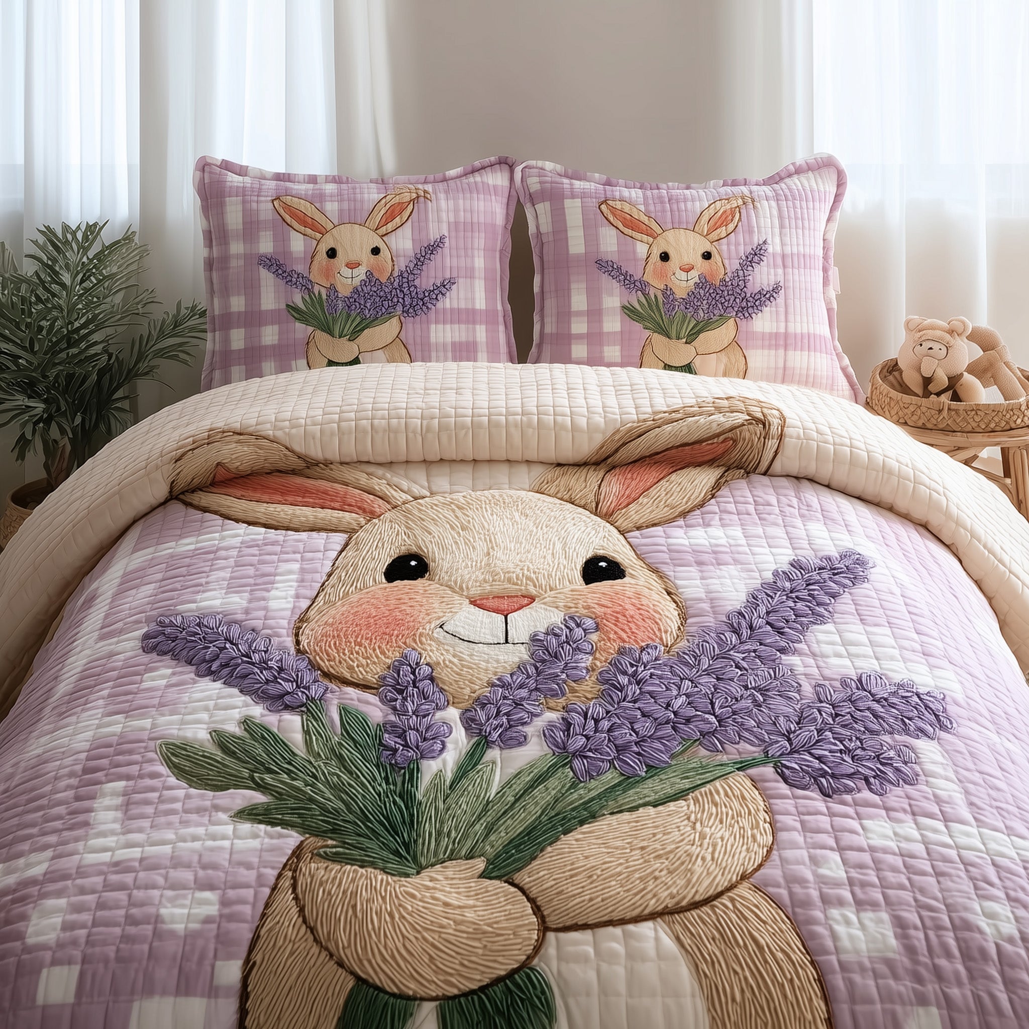 Rabbit Quilted Bedding Set Linen Blend