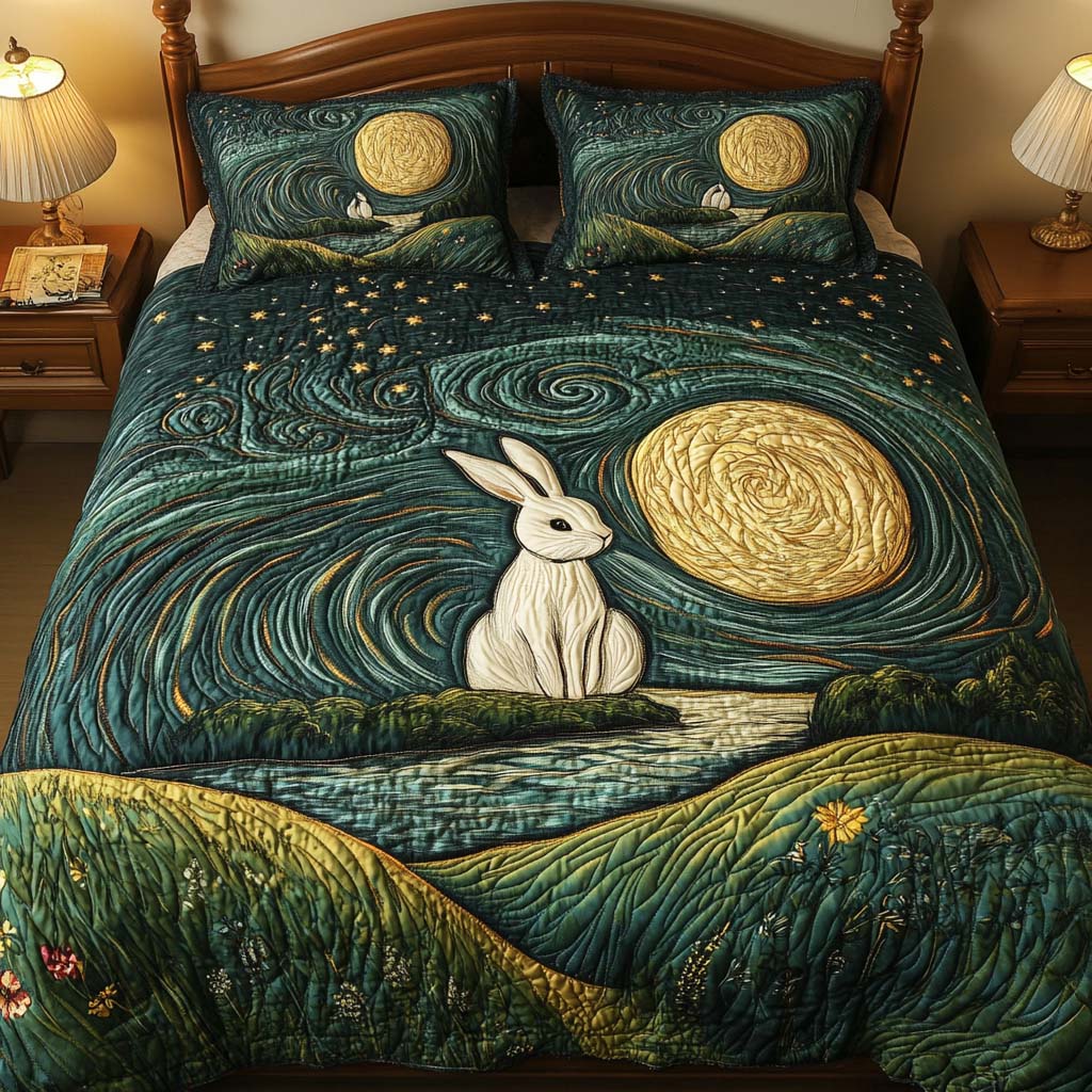 Rabbit Serenity Quilted Bedding Set Van Gogh Inspired Bedspread Set Bedroom Decorations