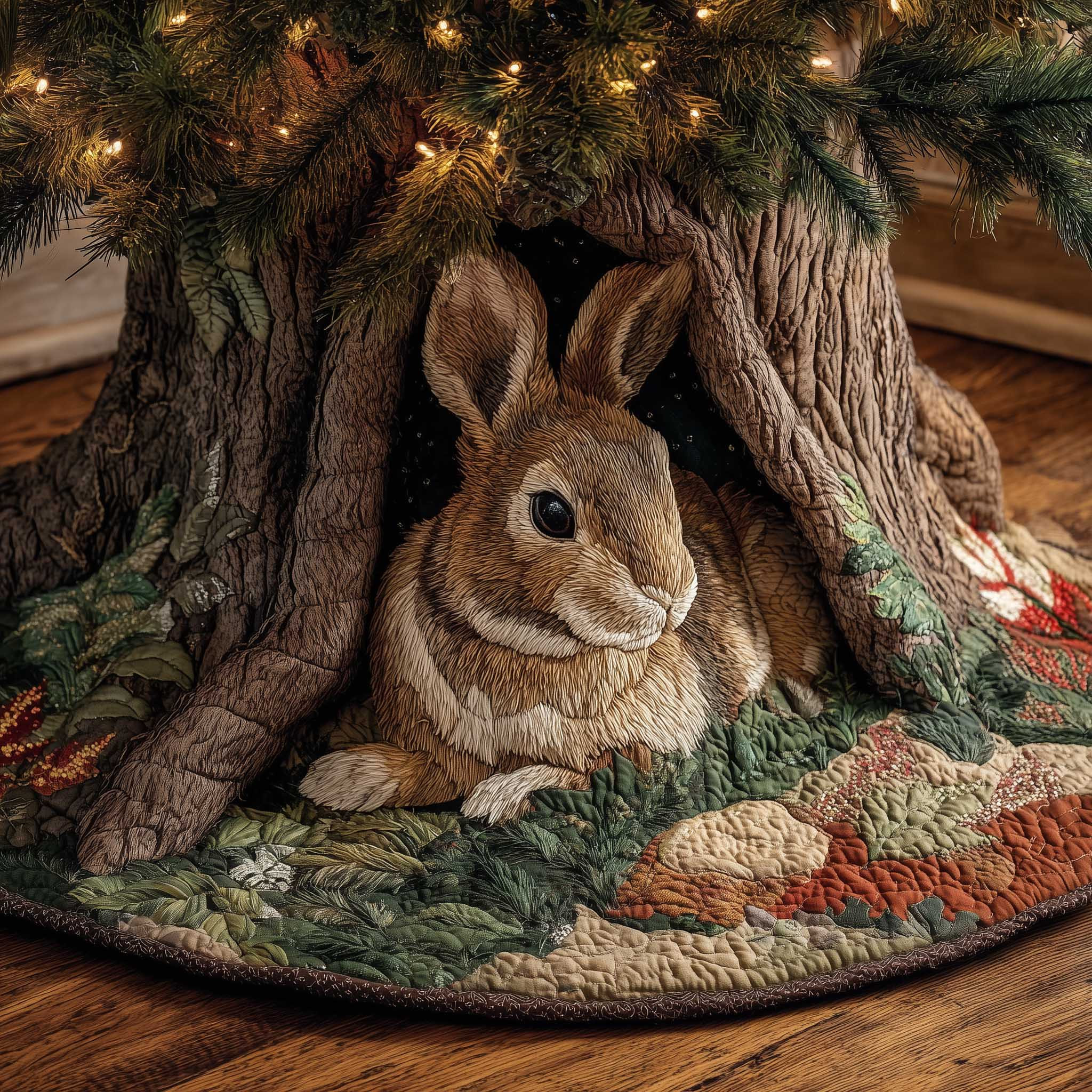 Rabbit Woodland Charm Quilted Tree Skirt Home Decor Christmas Gifts For Rabbit Lovers