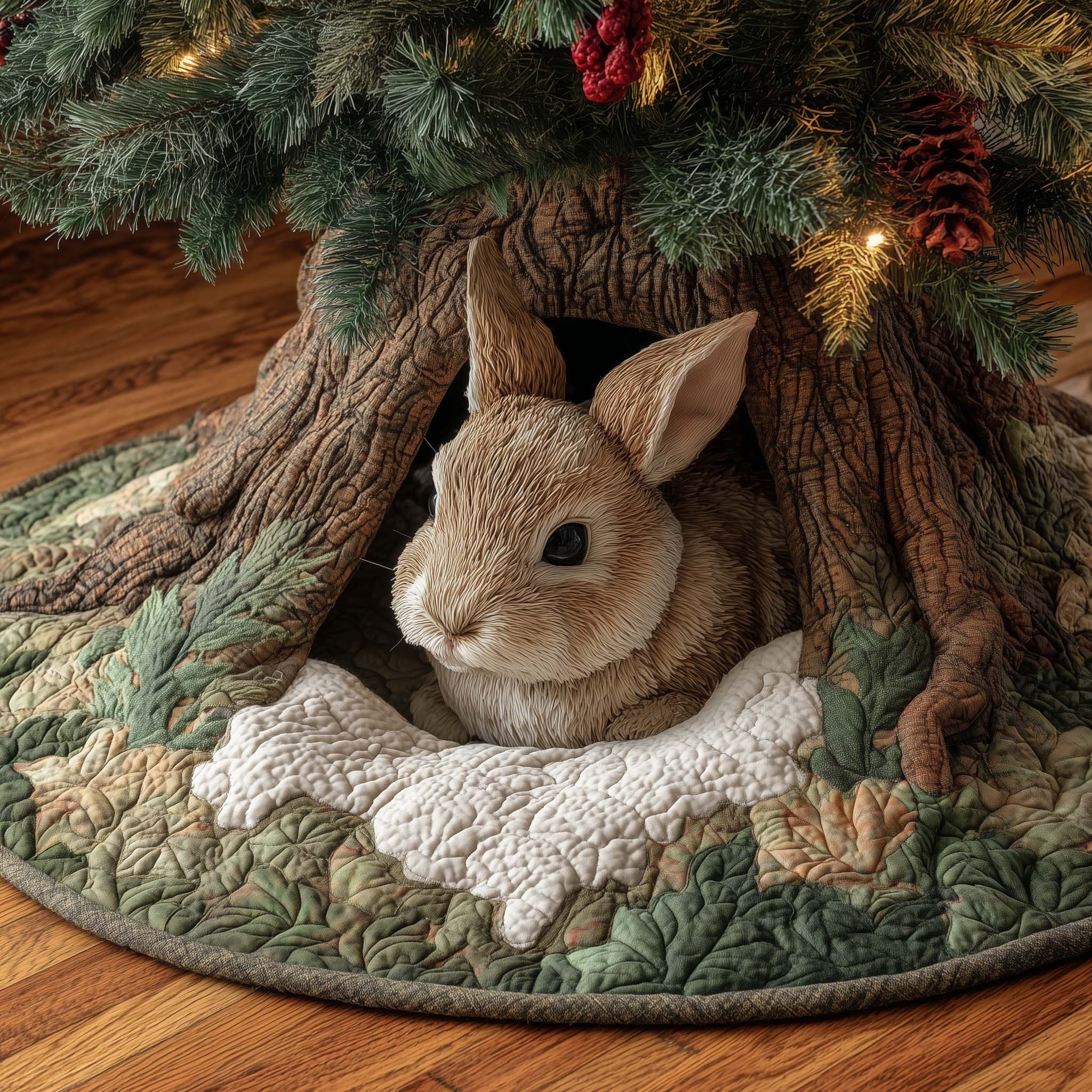 Rabbit's Den Christmas Quilted Tree Skirt Cute Tree Surround Decor Rabbit Related Gifts