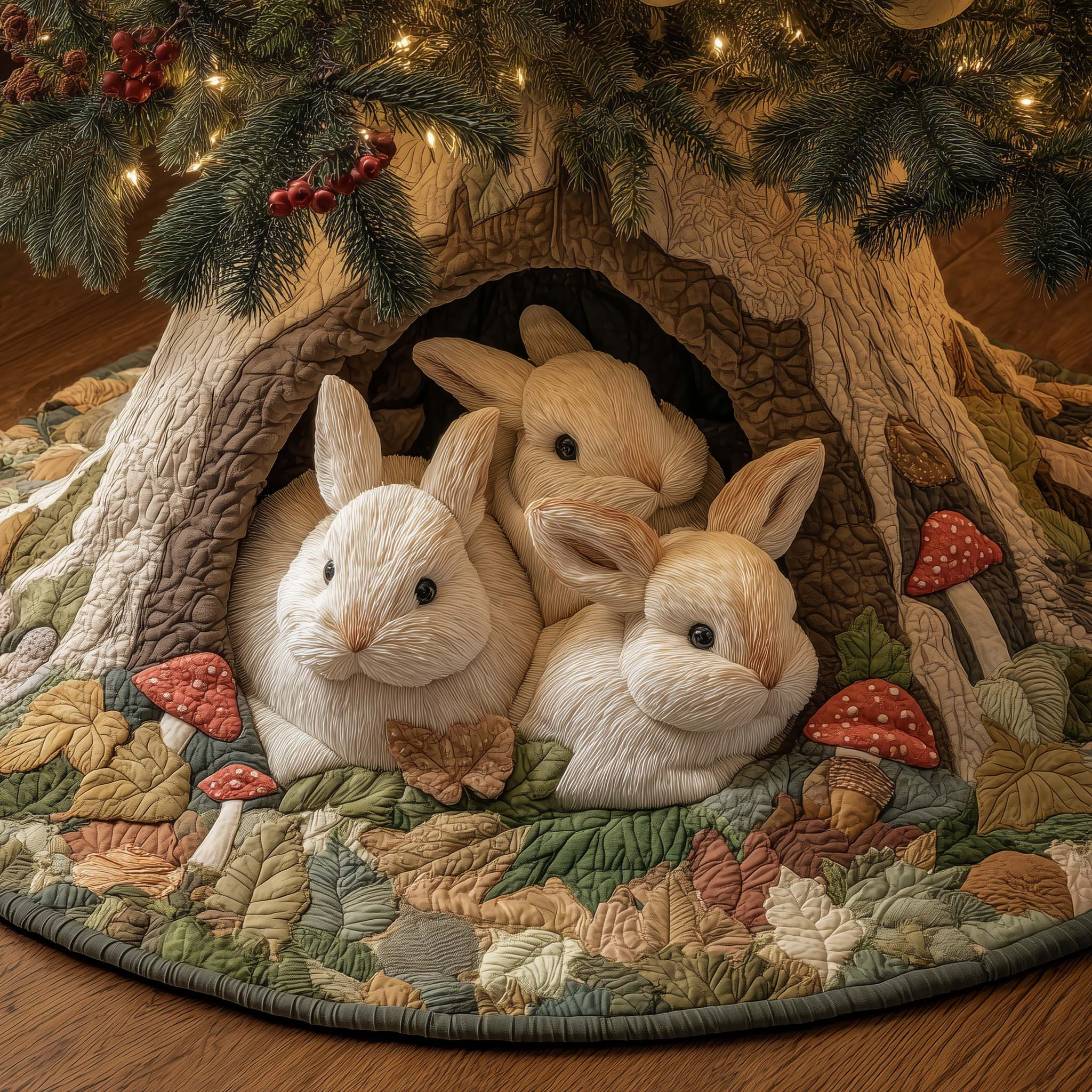 Rabbit's Home Christmas Quilted Tree Skirt Xmas Holiday Tree Surround Decor Rabbit Gifts