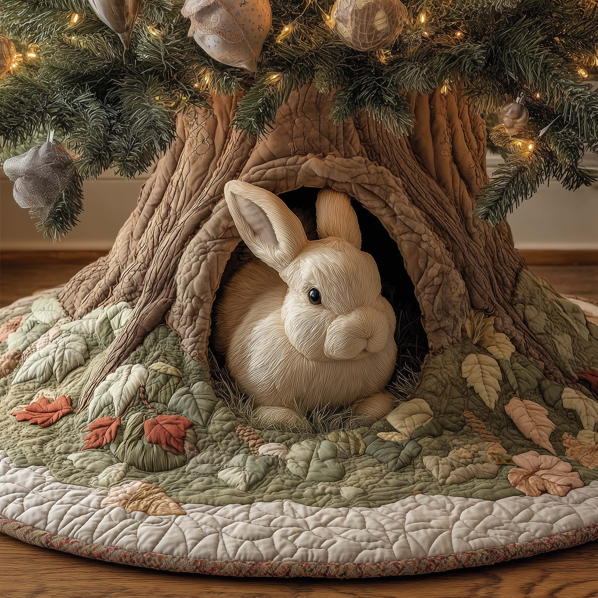 Rabbit's Home Christmas Quilted Tree Skirt Xmas Tree Base Cover Rabbit Themed Gift Ideas