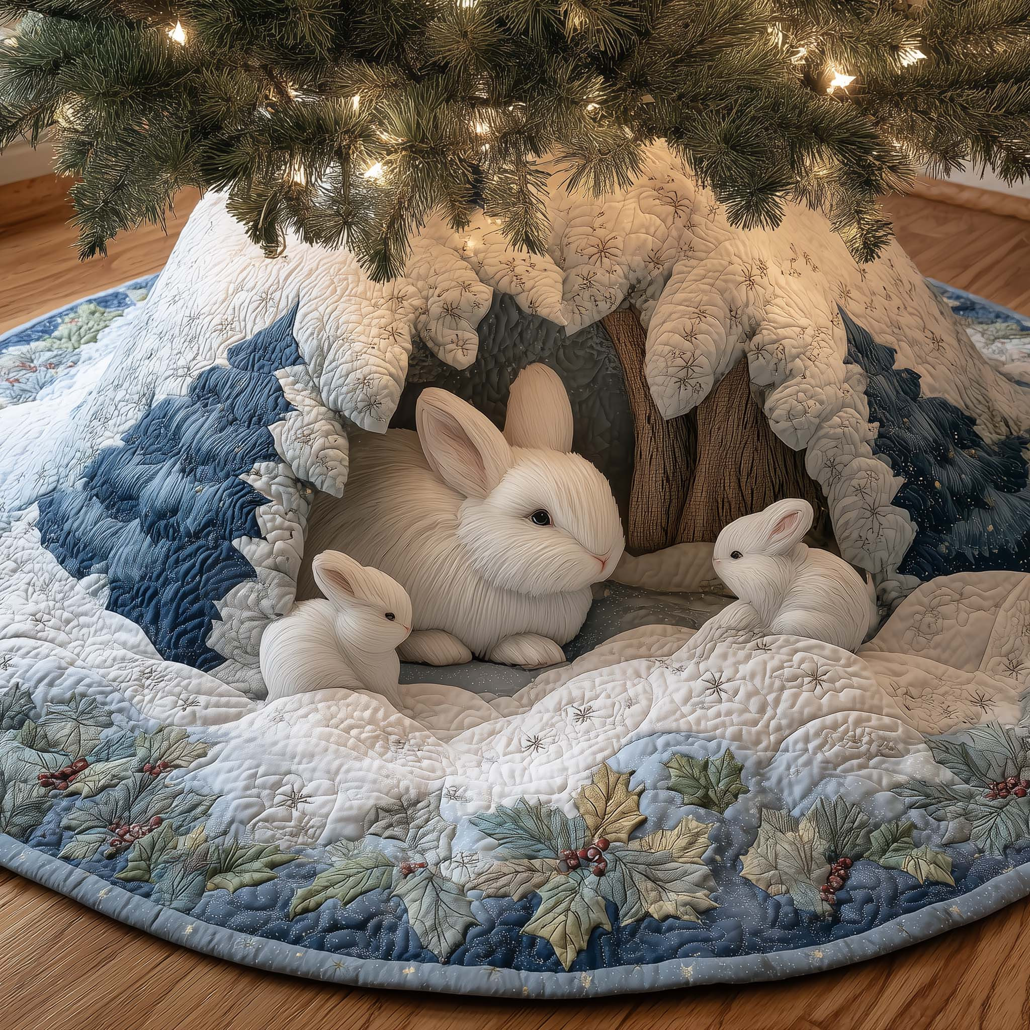 Rabbit's Winter Day Christmas Quilted Tree Skirt Xmas Tree Surround Nice Rabbit Lover Gifts