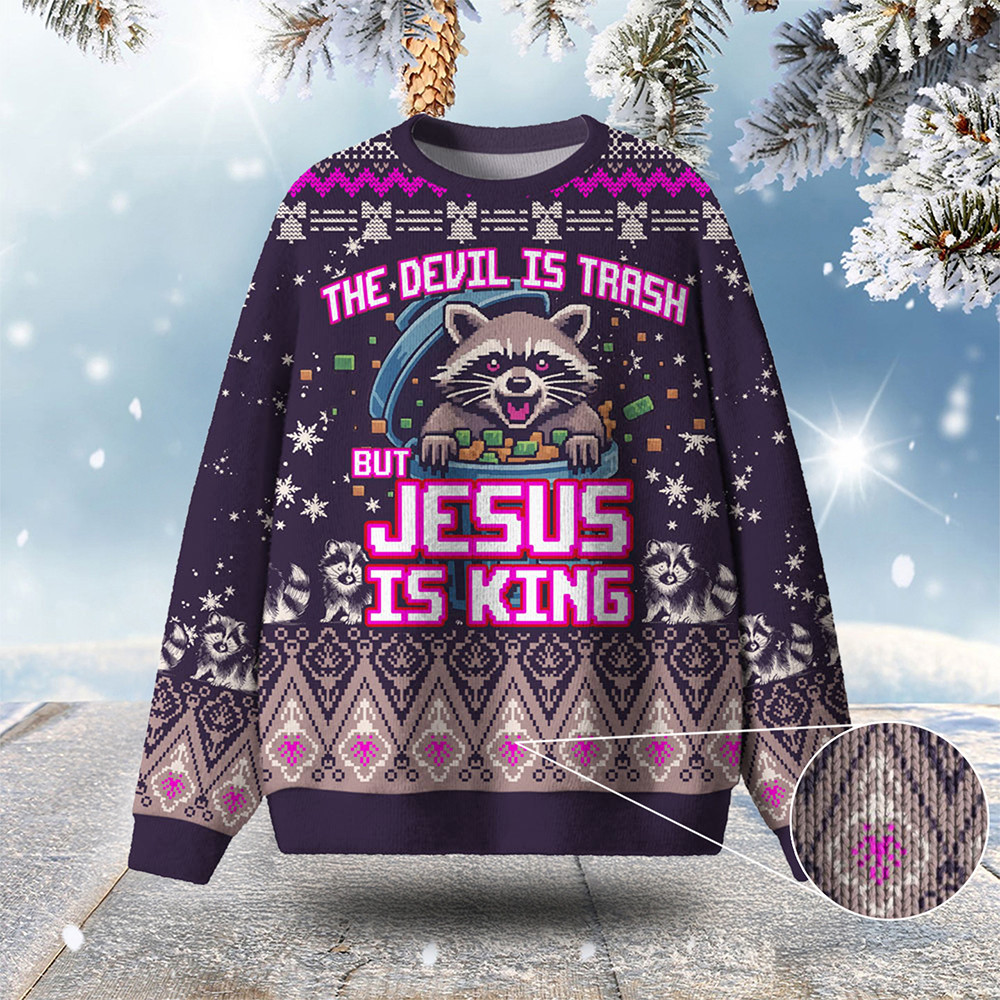 Raccoom The Devil Is Trash But Jesus Is King Ugly Christmas Sweater Racoon Lover Xmas Gifts