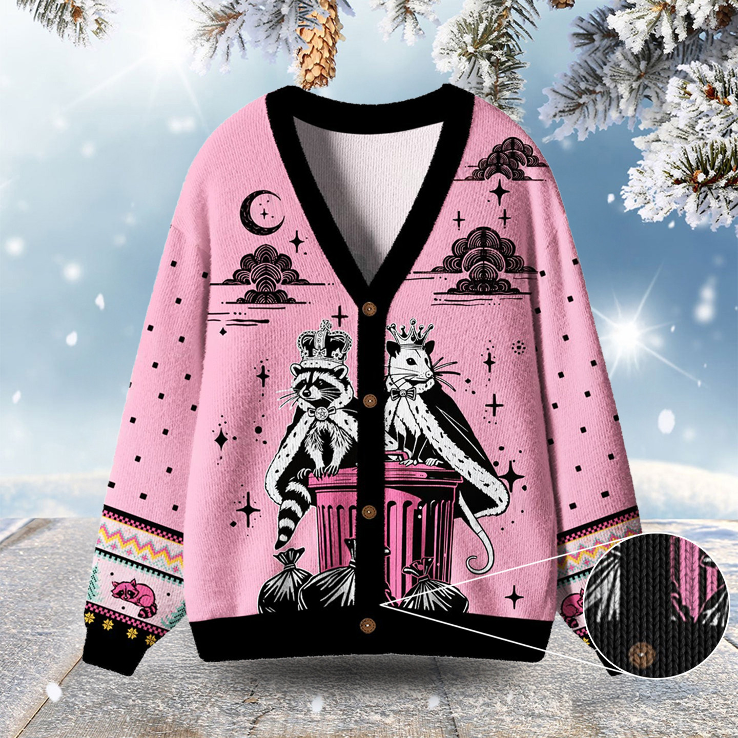 Raccoon And Opossum Trash Kingdom Ugly Cardigan Sweaters Xmas Outfits Cool Christmas Gifts