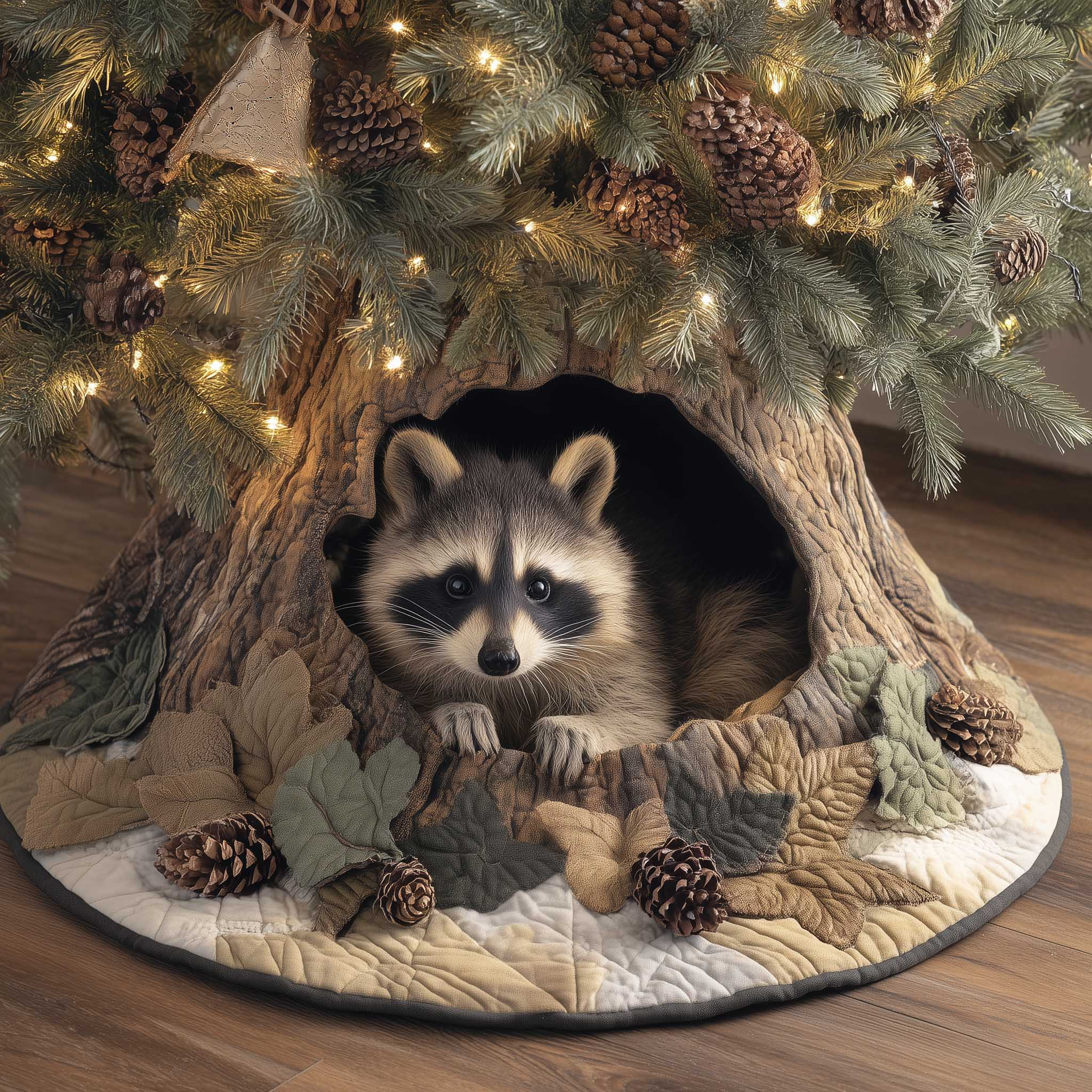 Raccoon Bling Eyes Christmas Quilted Tree Skirt Xmas Tree Surround Decor Raccoon Gifts