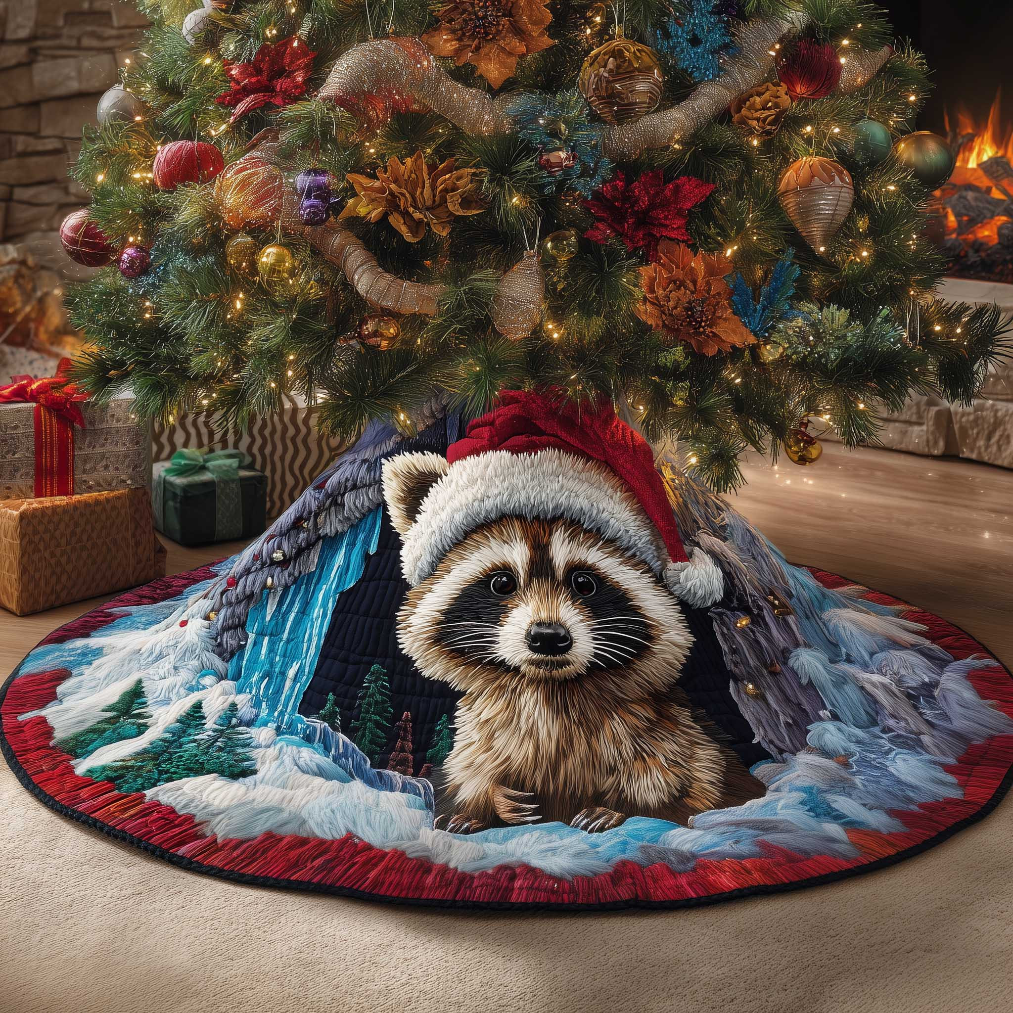 Raccoon Christmas Quilted Tree Skirt Xmas Tree Surround Decor Raccoon Themed Gifts For Dad