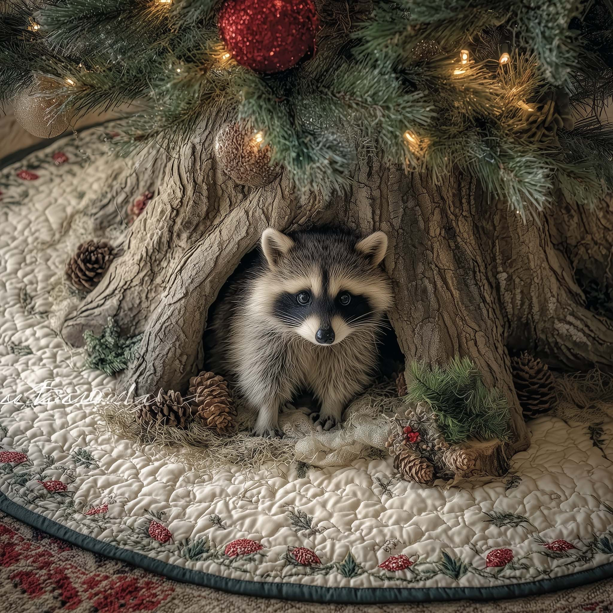 Raccoon Christmas Quilted Tree Skirt Xmas Tree Surround Raccoon Related Gifts For Sister