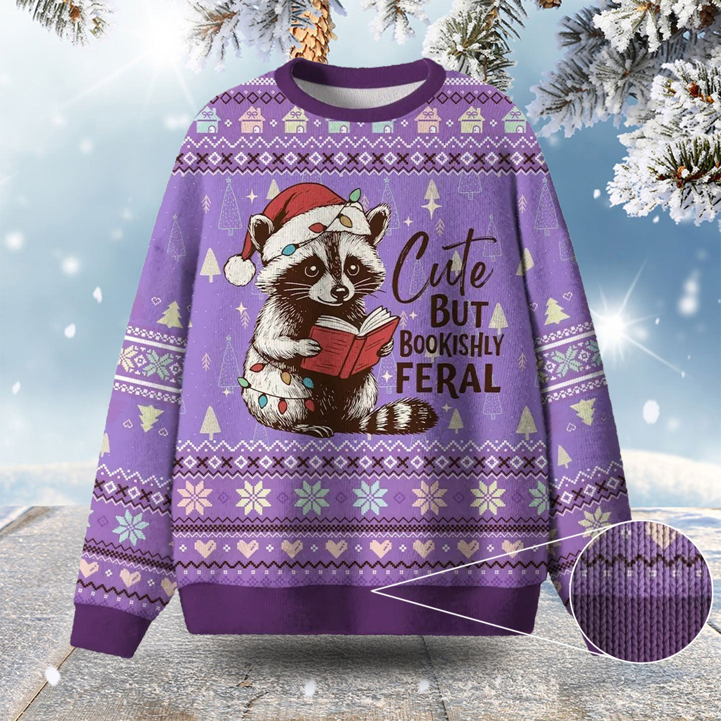 Raccoon Cute But Bookishly Feral Ugly Christmas Sweater Xmas Gifts For Bookish