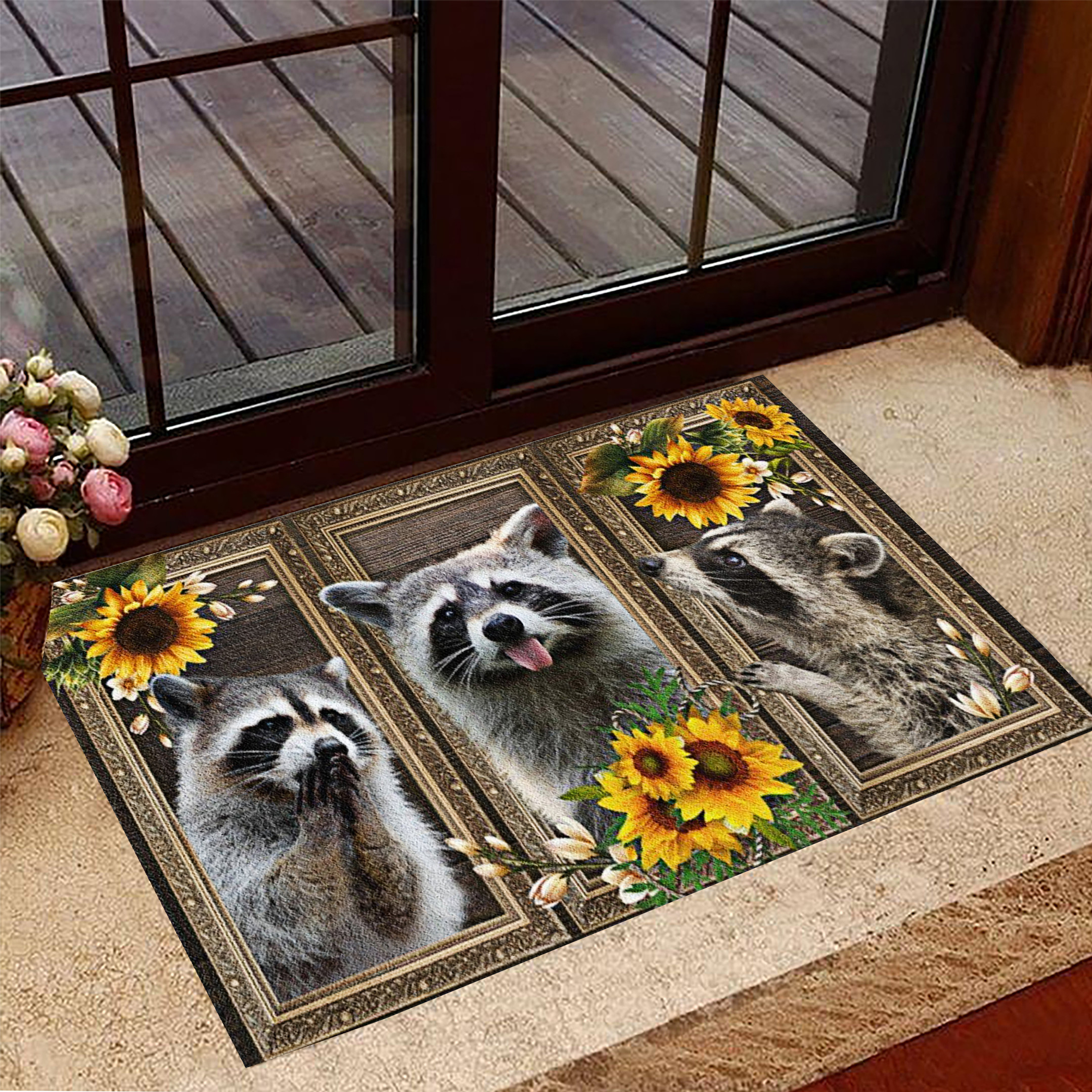 Raccoon Doormat Sunflowers Animal Doormat Racoon Themed Gifts
