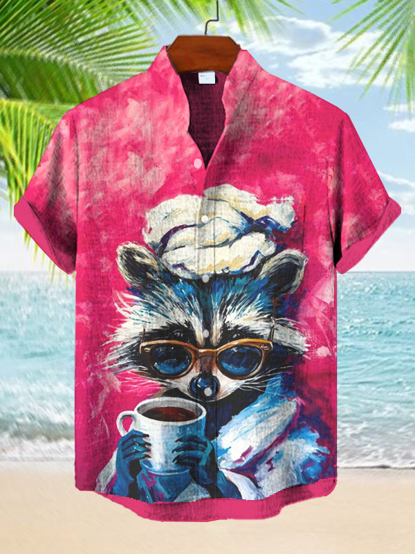Raccoon Drinking Coffee Art Print Hawaiian Shirt Gifts For Raccoon Lovers