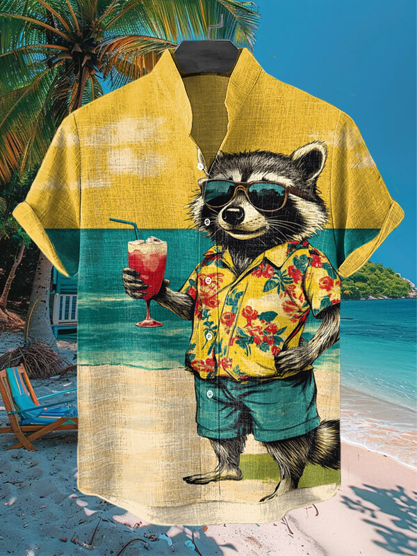 Raccoon Drinking Juice At The Beach Vacation Print Hawaiian Shirt Gifts For Raccoon Lovers